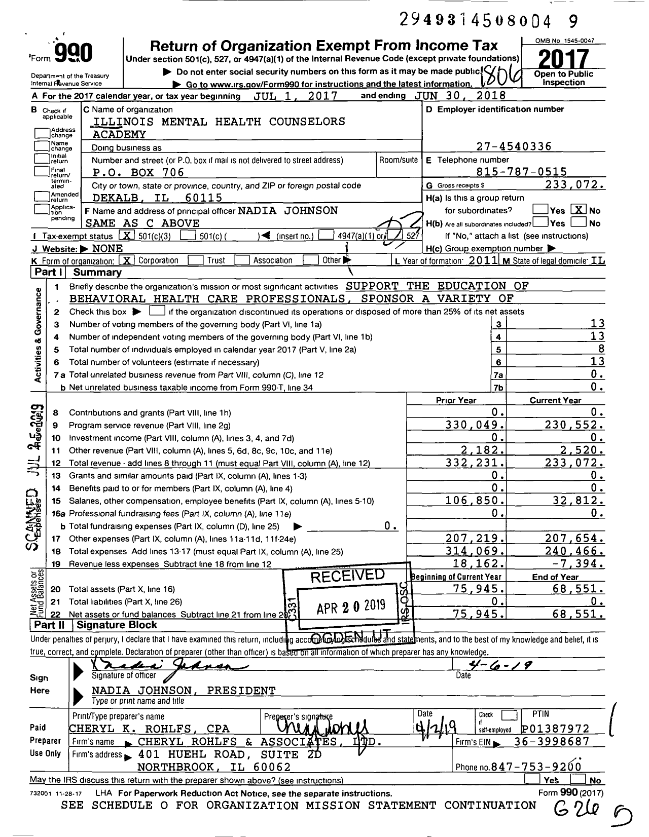 Image of first page of 2017 Form 990 for Illinois Mental Health Counselors Academy