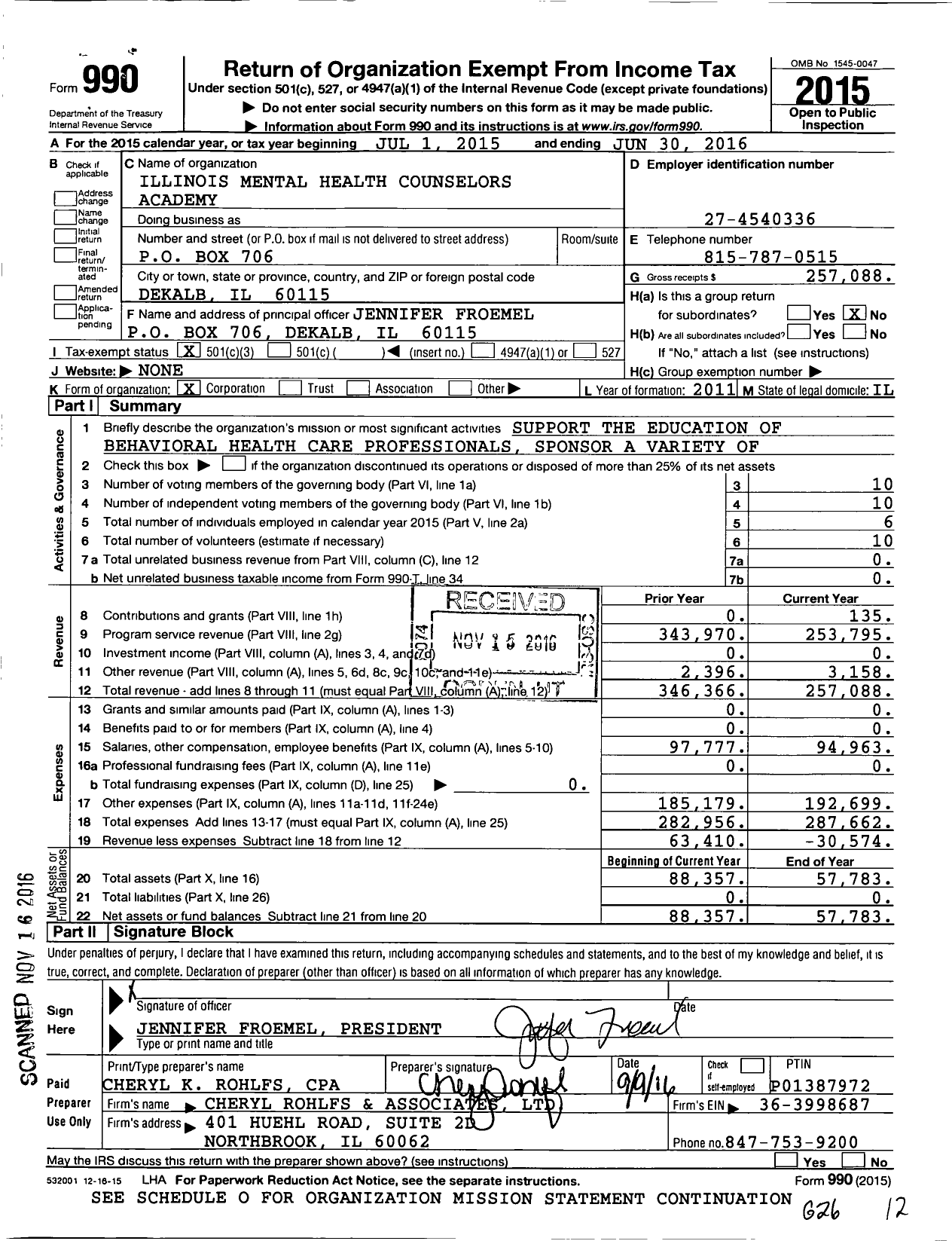 Image of first page of 2015 Form 990 for Illinois Mental Health Counselors Academy