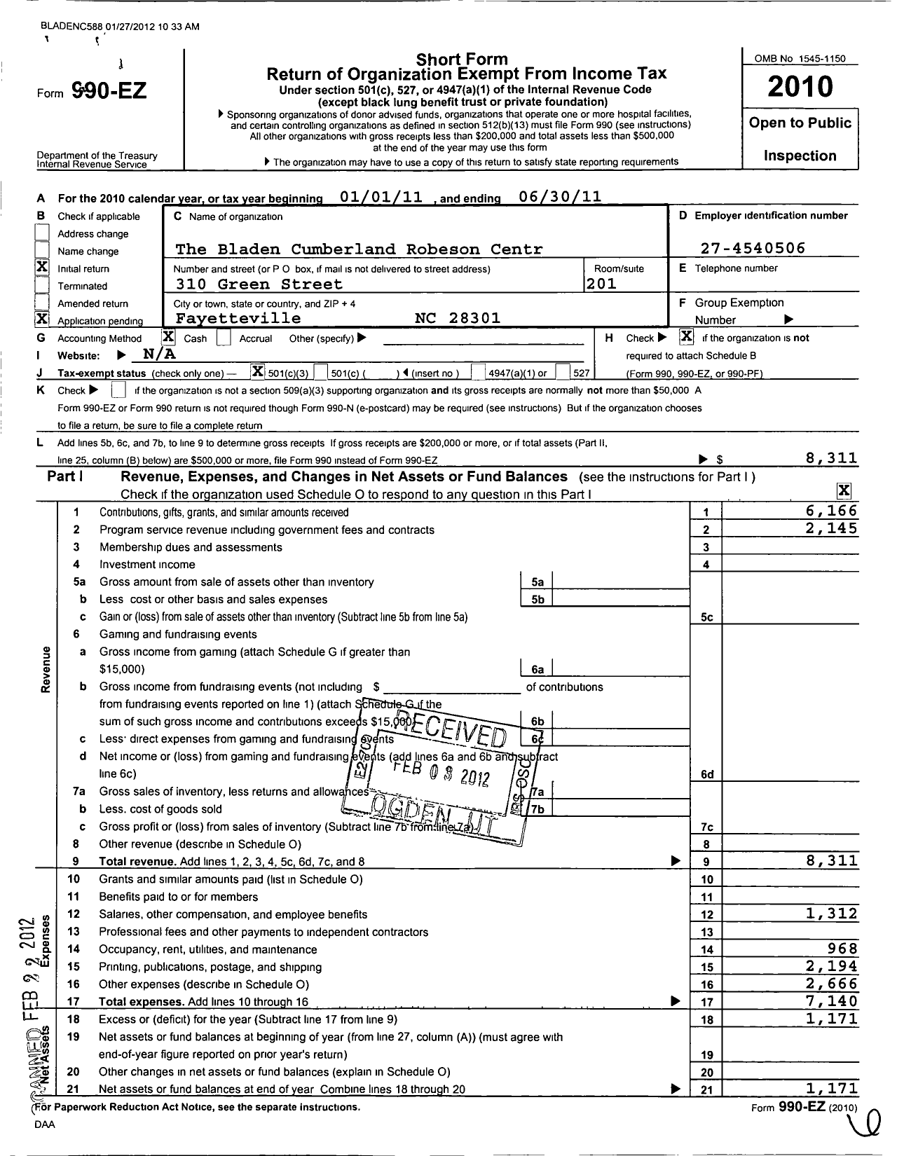 Image of first page of 2010 Form 990EZ for Bladen Cumberland Robeson Central Office