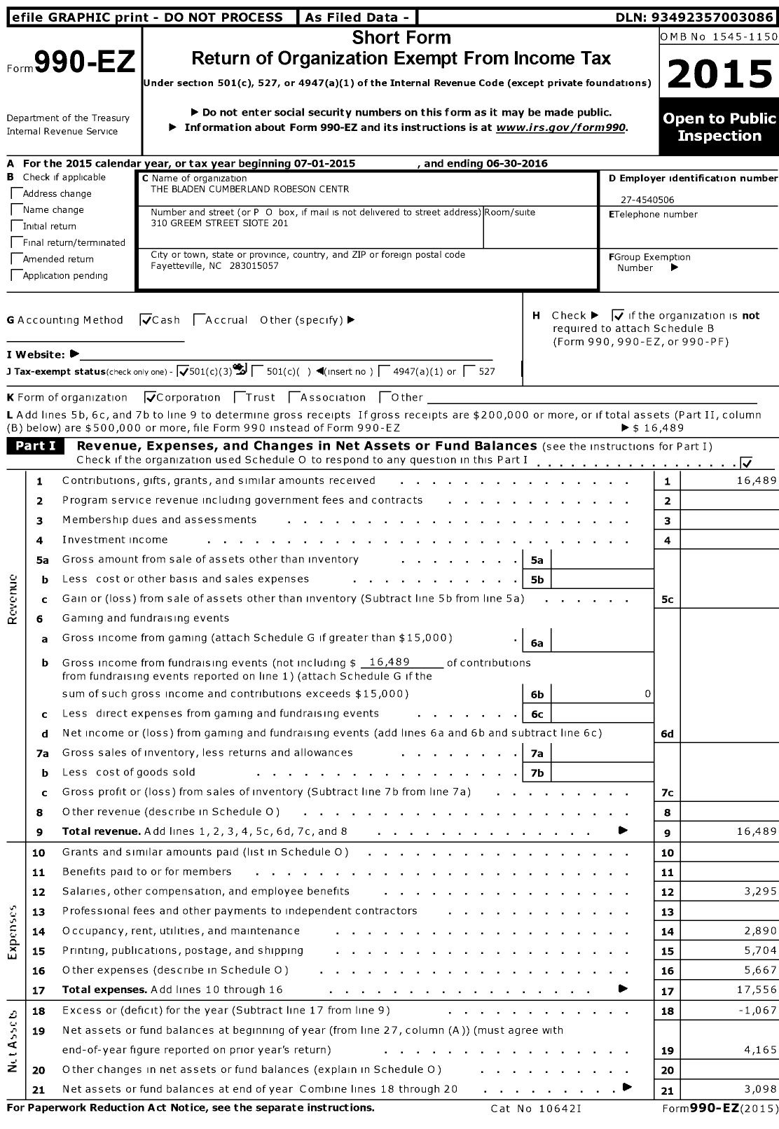 Image of first page of 2015 Form 990EZ for Bladen Cumberland Robeson Central Office