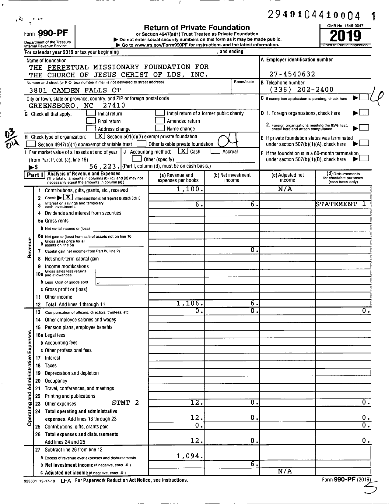 Image of first page of 2019 Form 990PF for The Perpetual Missionary Foundation for the Church of Jesus Christ of LDS