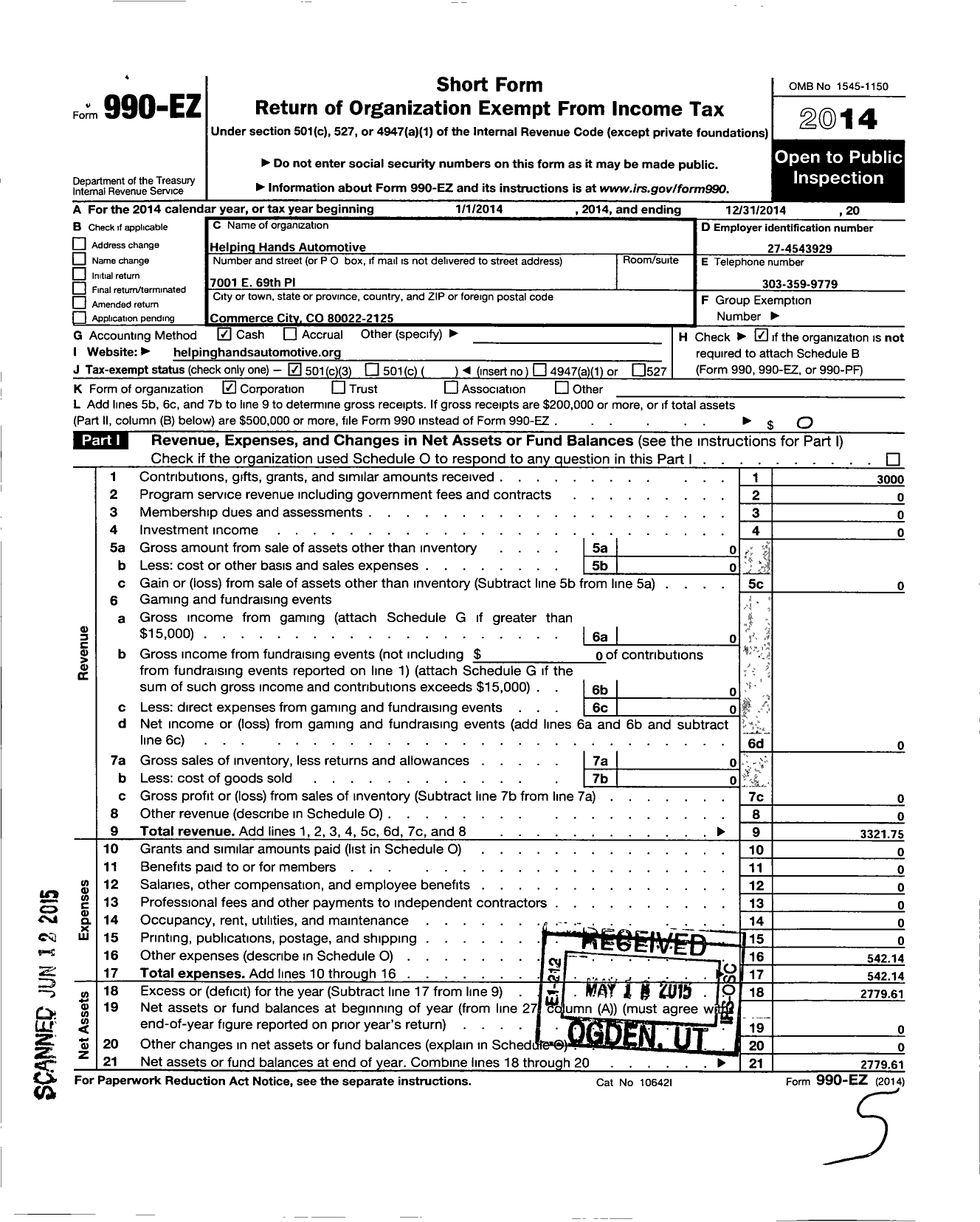 Image of first page of 2014 Form 990EZ for Helping Hands Automotive