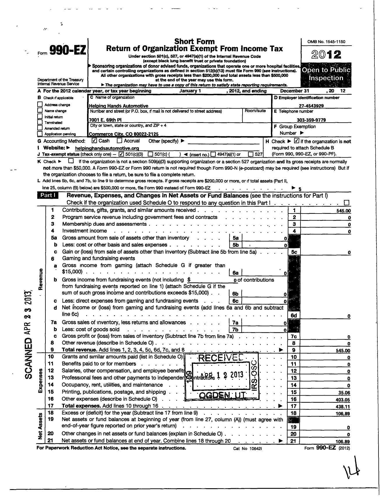 Image of first page of 2012 Form 990EZ for Helping Hands Automotive