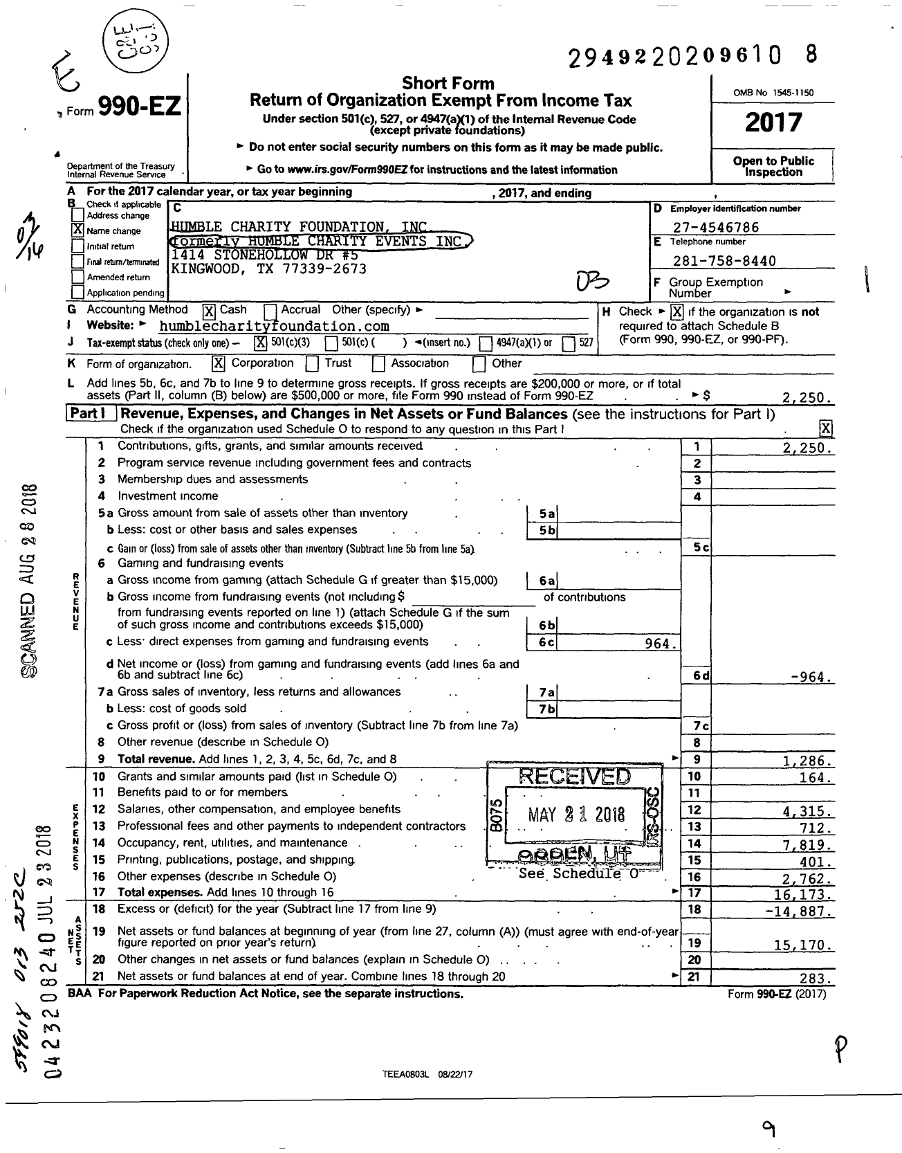 Image of first page of 2017 Form 990EZ for Humble Charity Foundation
