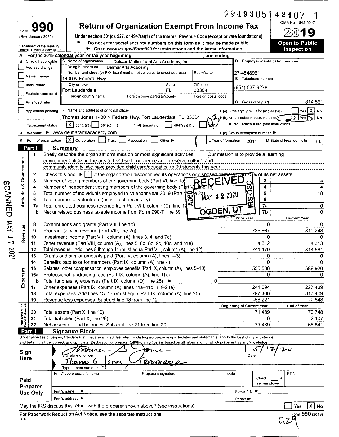 Image of first page of 2019 Form 990 for Delmar Arts Academy