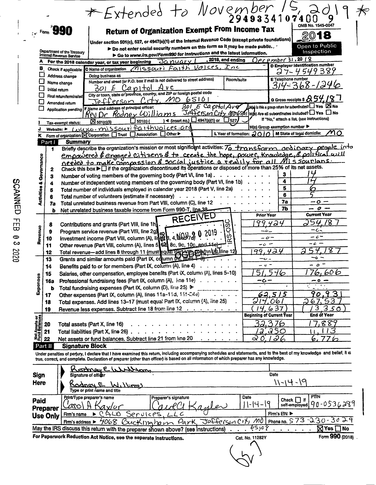 Image of first page of 2018 Form 990 for Missouri Faith Voices