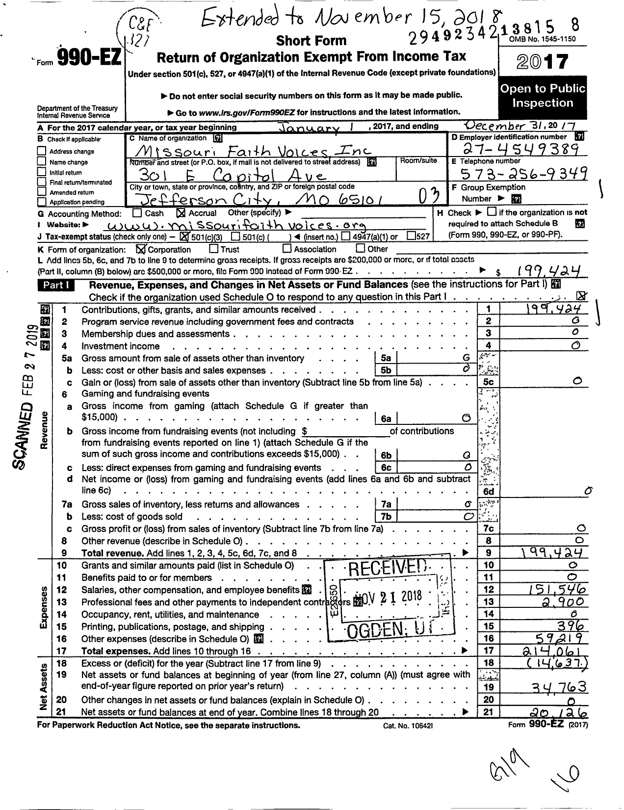 Image of first page of 2017 Form 990EZ for Missouri Faith Voices