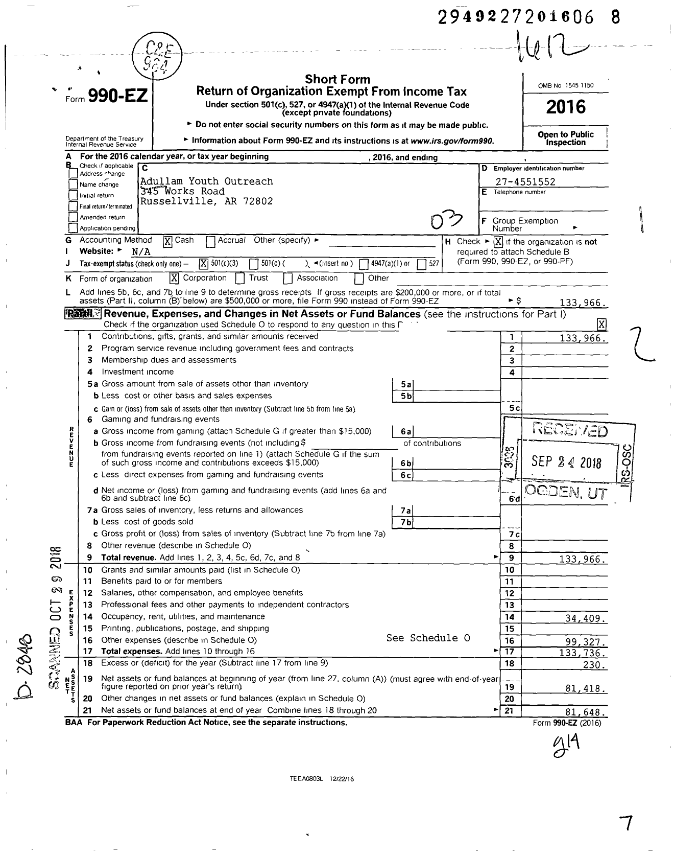 Image of first page of 2016 Form 990EZ for Adullam Youth Ranch