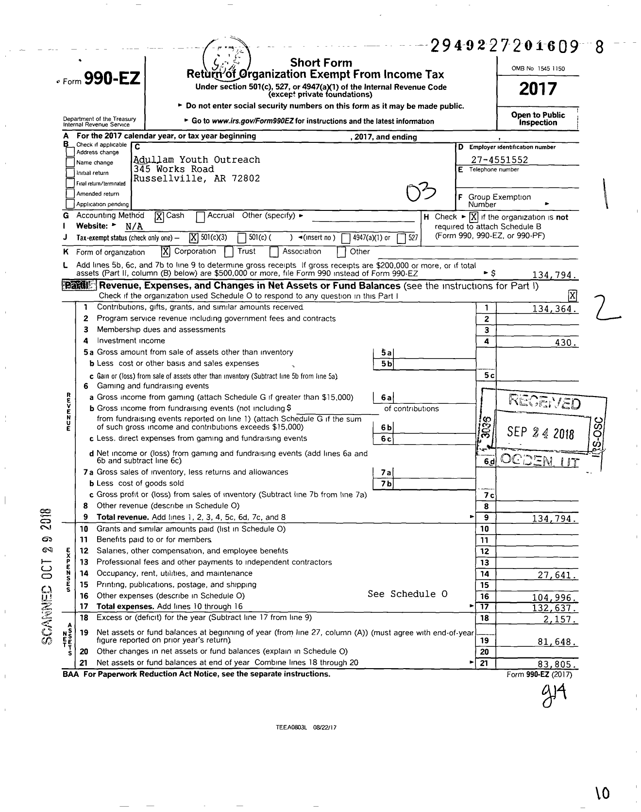 Image of first page of 2017 Form 990EZ for Adullam Youth Ranch