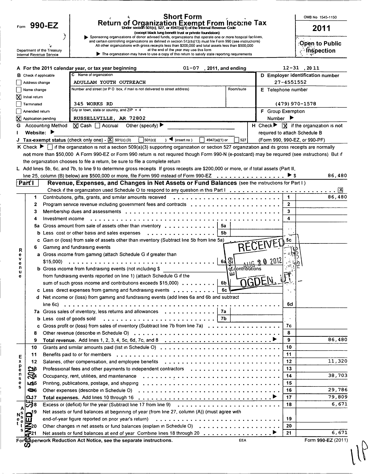 Image of first page of 2011 Form 990EZ for Adullam Youth Ranch