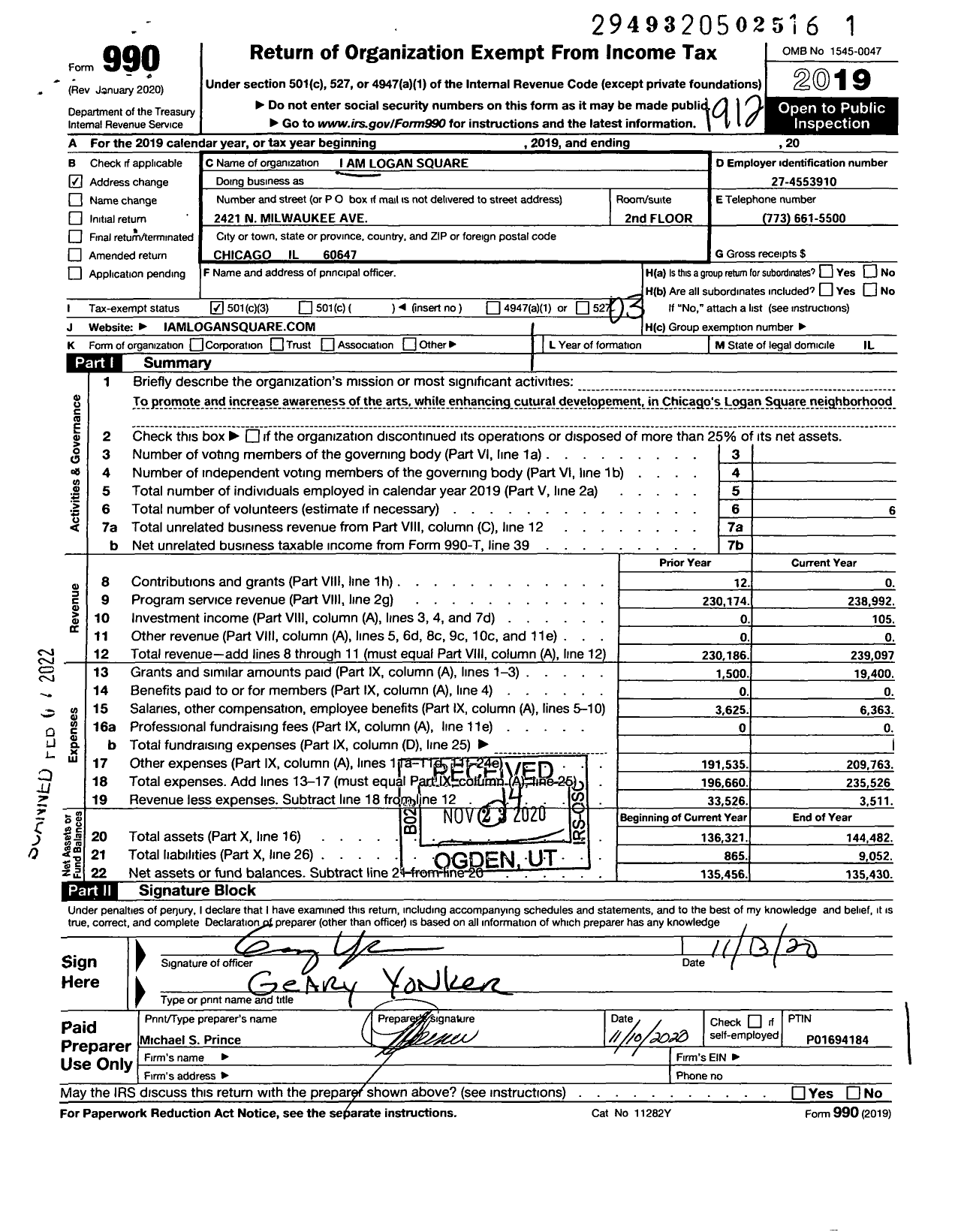 Image of first page of 2019 Form 990 for I Am Logan Square