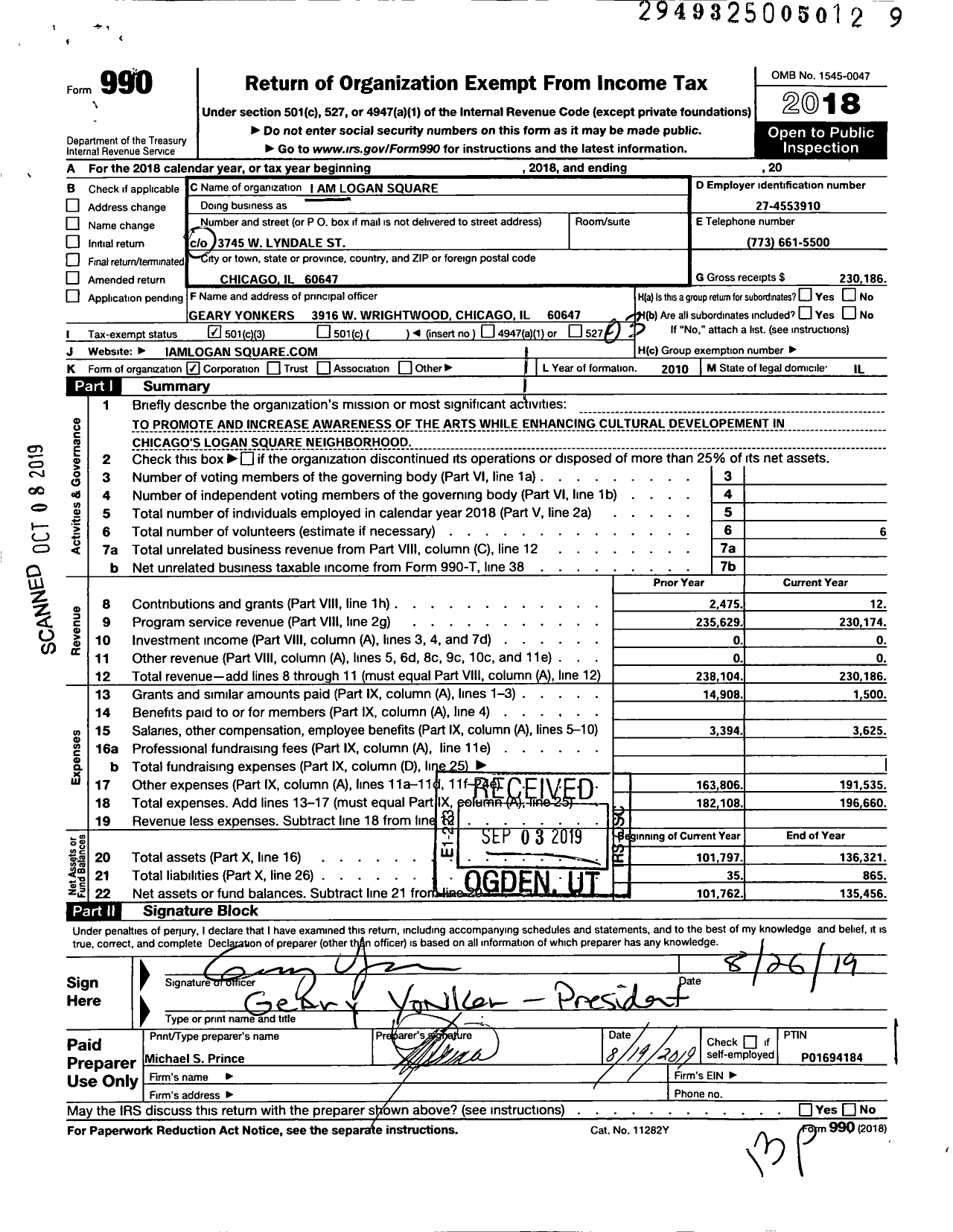 Image of first page of 2018 Form 990 for I Am Logan Square