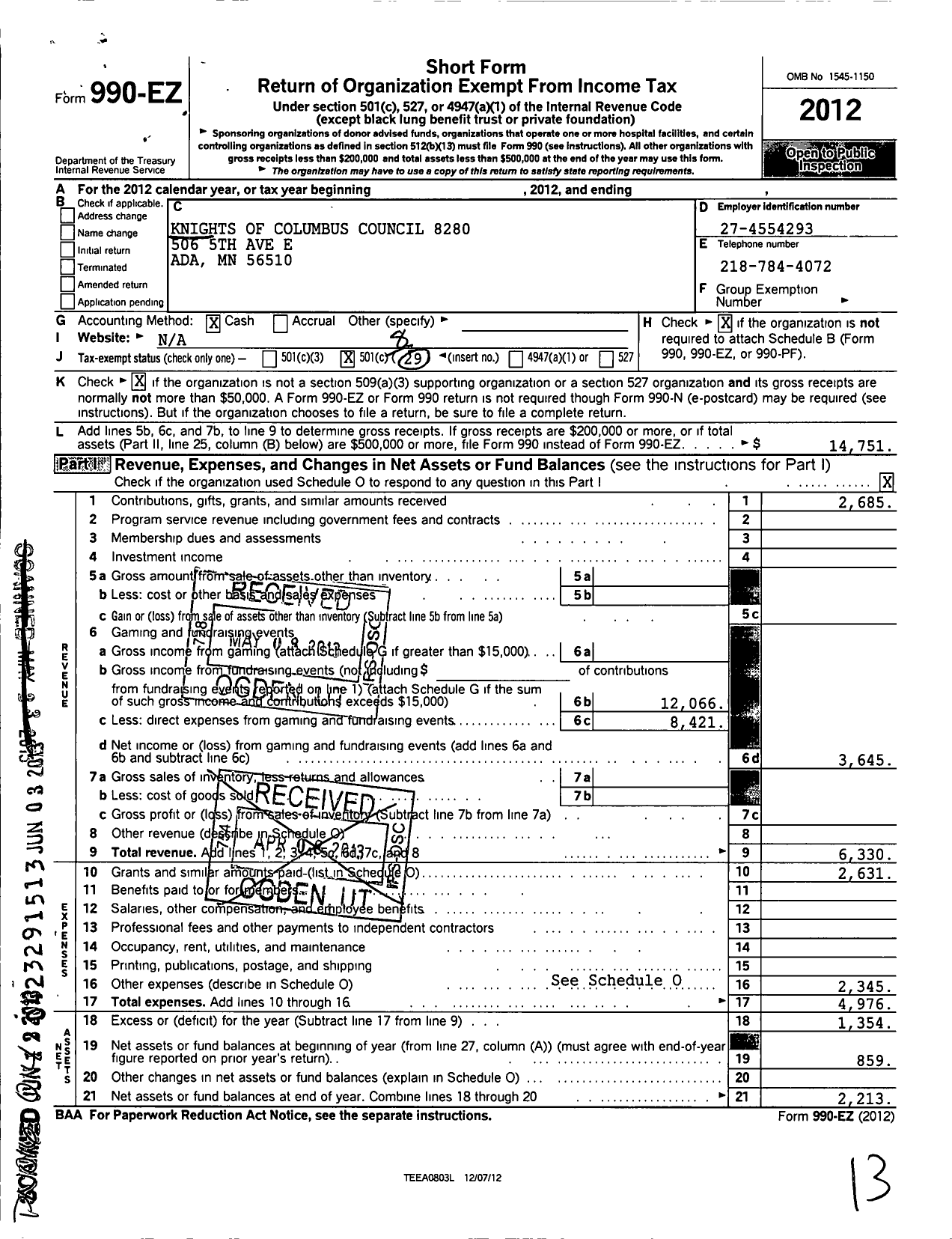 Image of first page of 2012 Form 990EO for Knights of Columbus - 8280 Ada Council