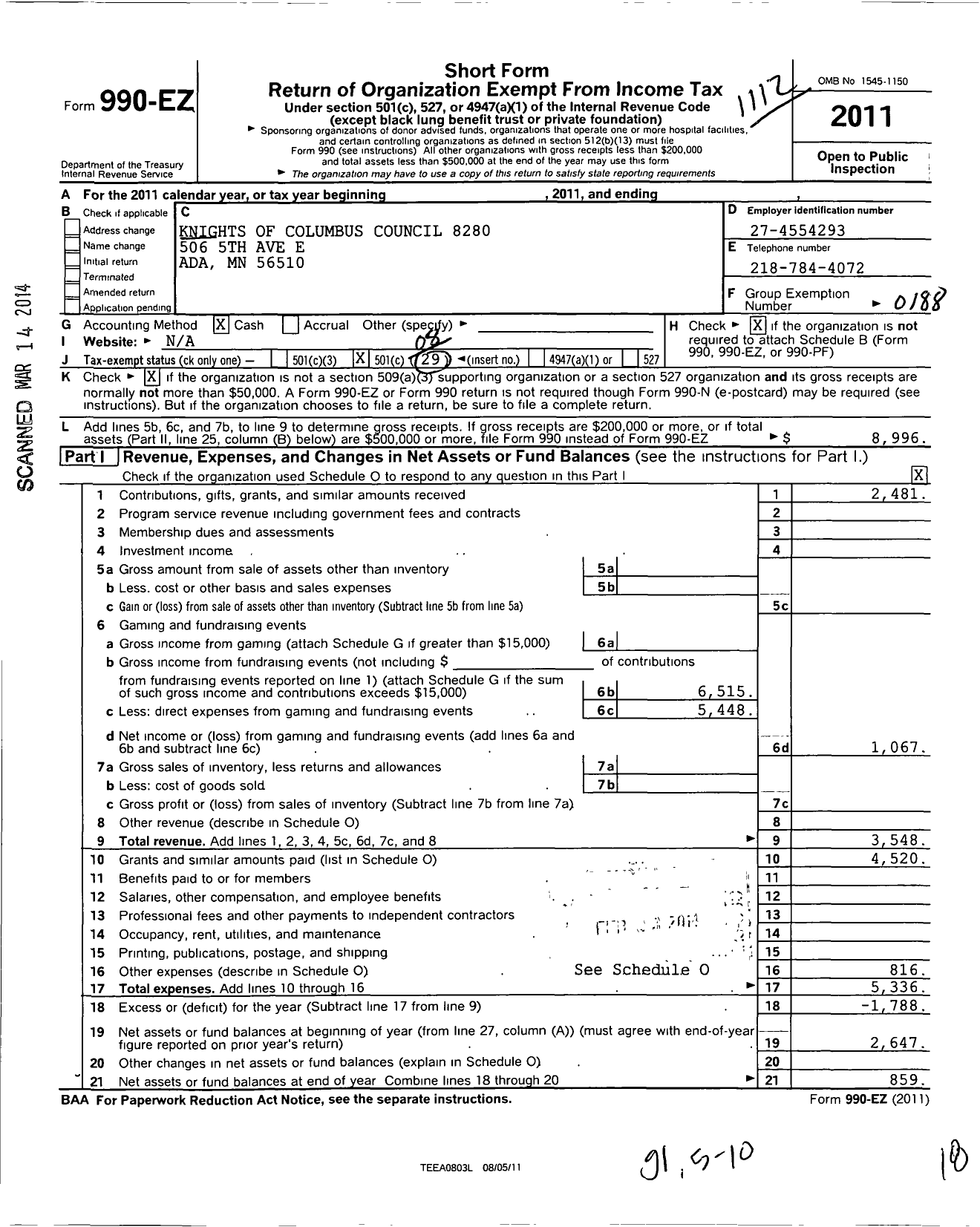 Image of first page of 2011 Form 990EO for Knights of Columbus - 8280 Ada Council