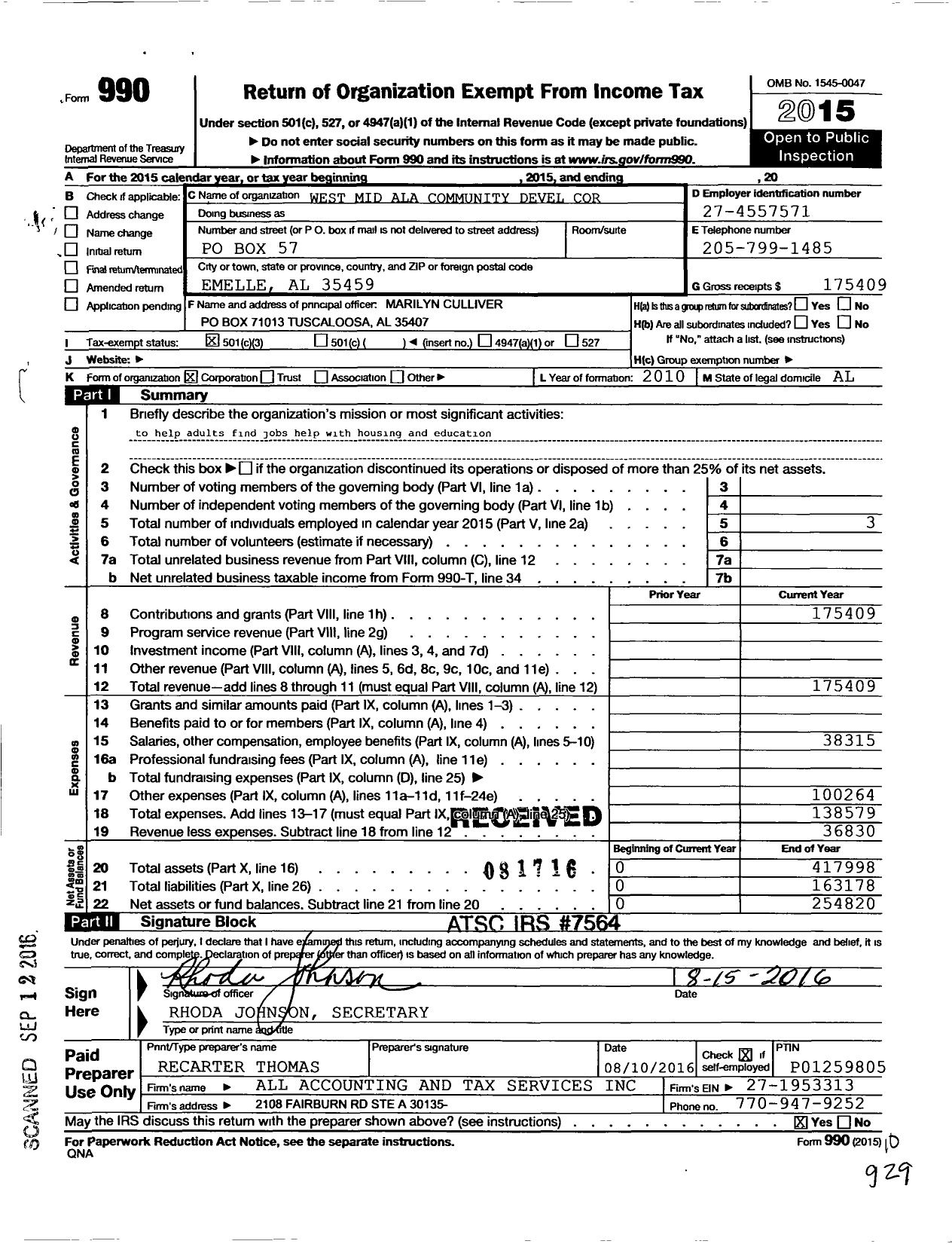 Image of first page of 2015 Form 990 for West Mid Alabama Community Devel