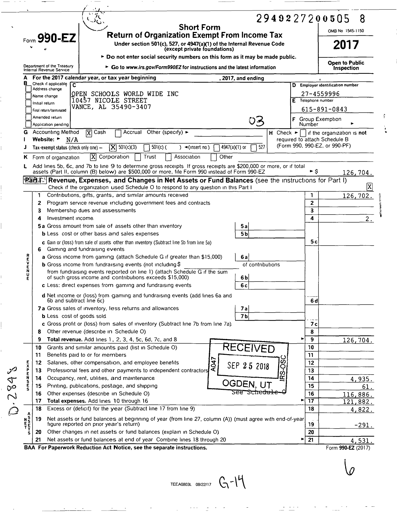 Image of first page of 2017 Form 990EZ for Open Schools Worldwide