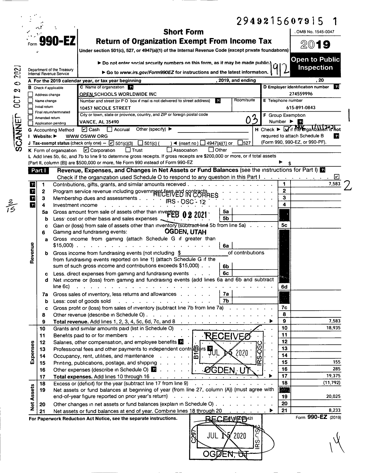 Image of first page of 2019 Form 990EZ for Open Schools Worldwide