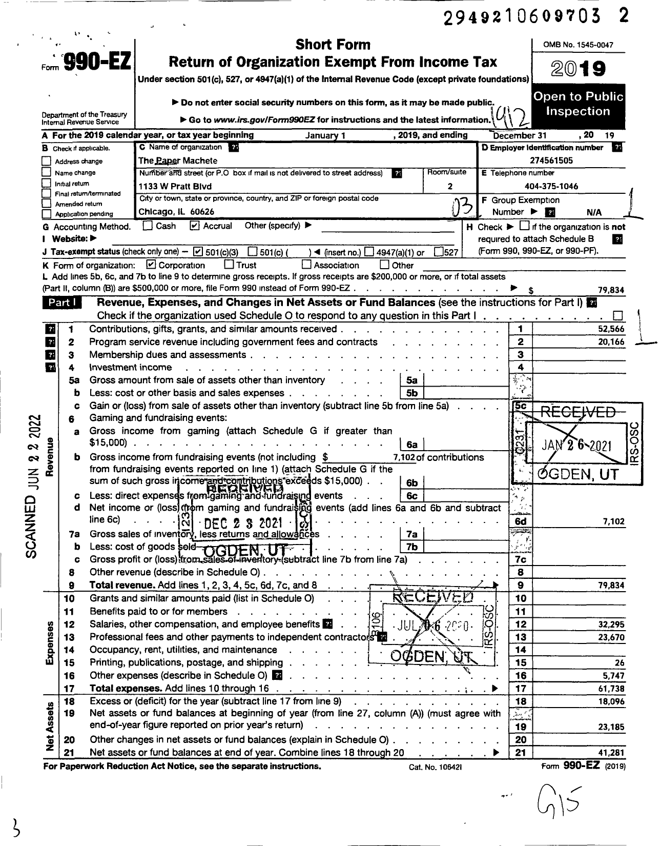 Image of first page of 2019 Form 990EZ for Paper Machete Group NFP