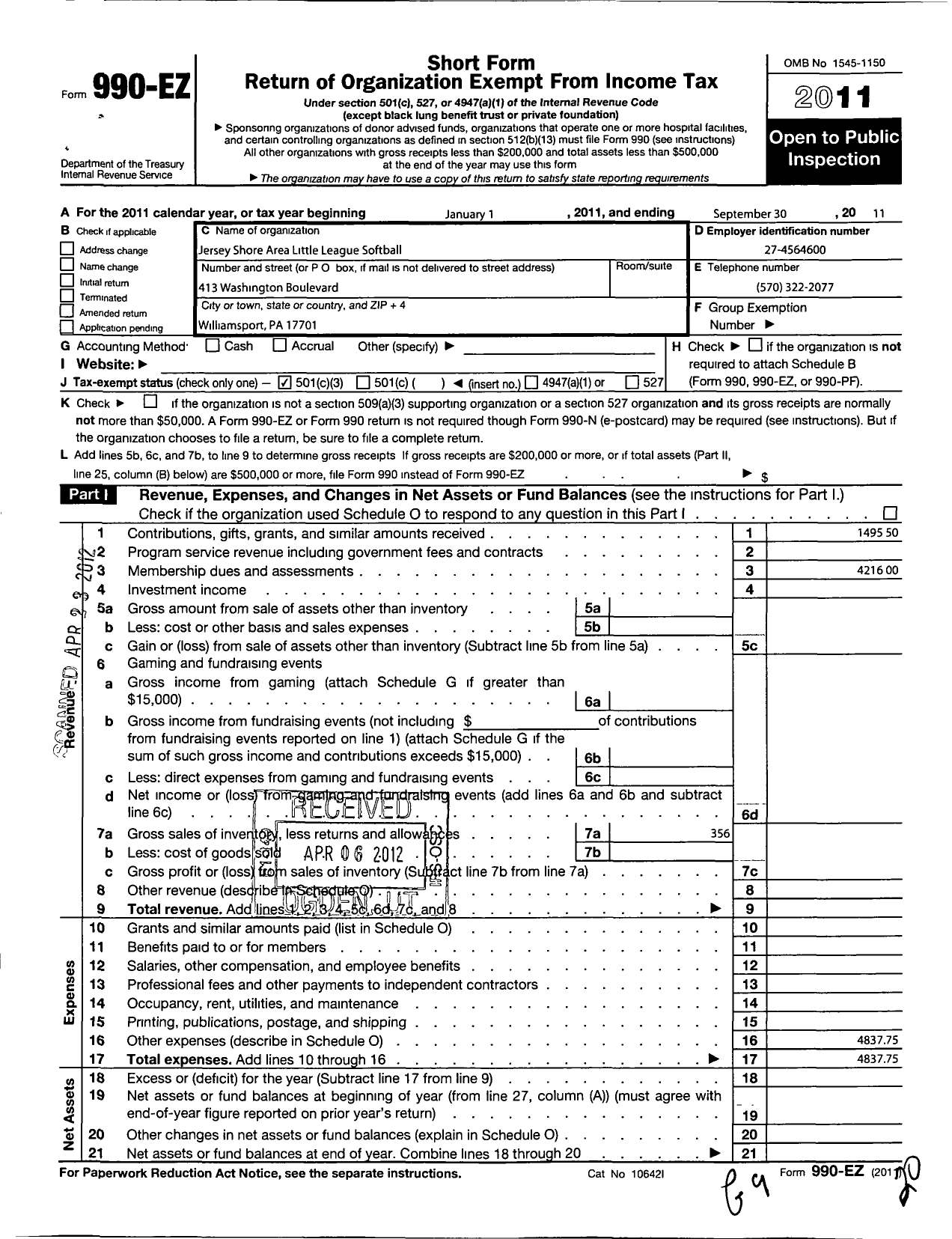 Image of first page of 2010 Form 990EZ for Little League Baseball - 252991 Jersey Shore Area Softball L