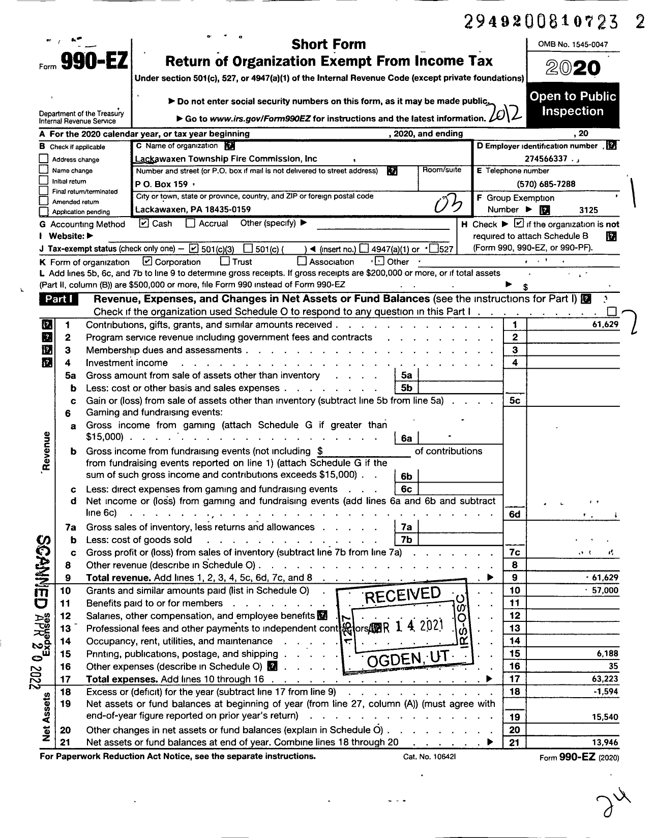 Image of first page of 2020 Form 990EZ for Lackawaxen Township Fire Commission