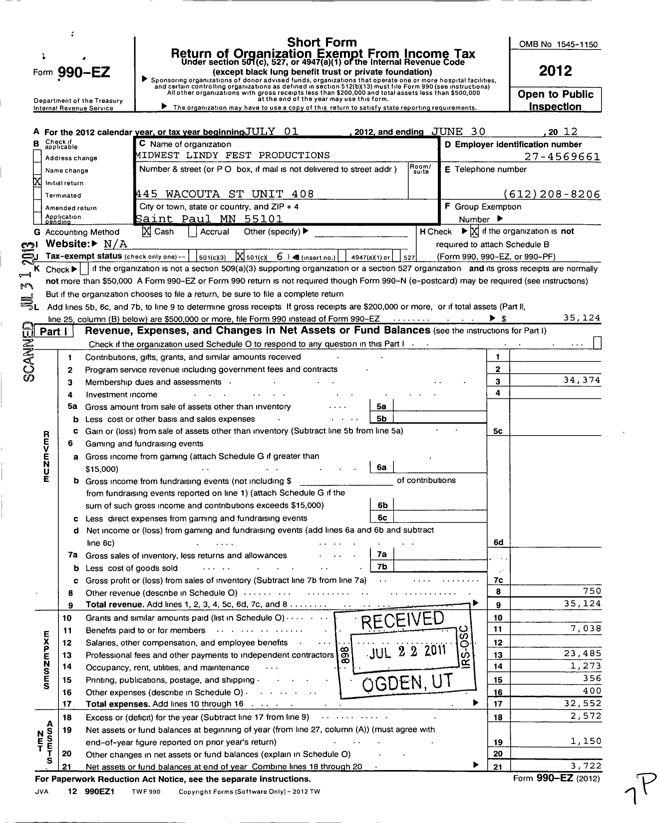 Image of first page of 2011 Form 990EO for Midwest Lindy Fest Productions