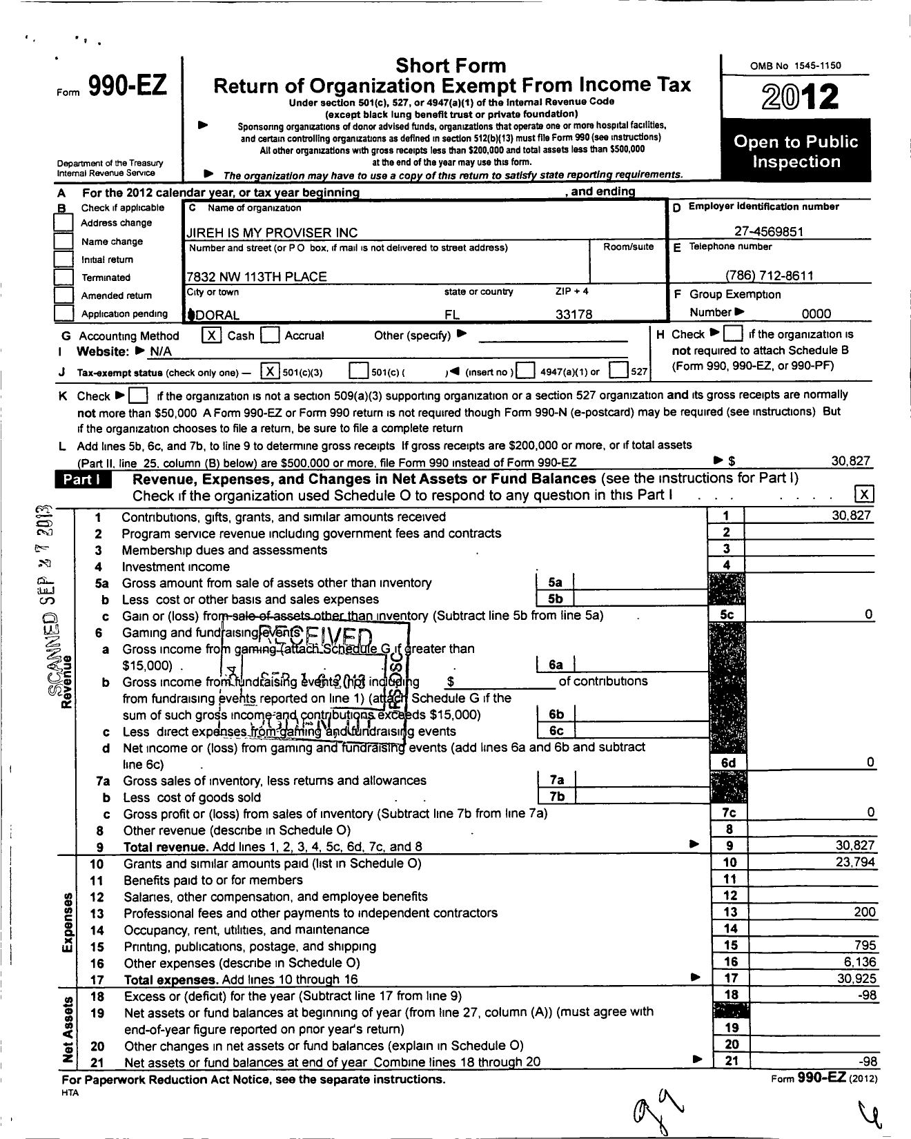 Image of first page of 2012 Form 990EZ for Jiren Is My Provider