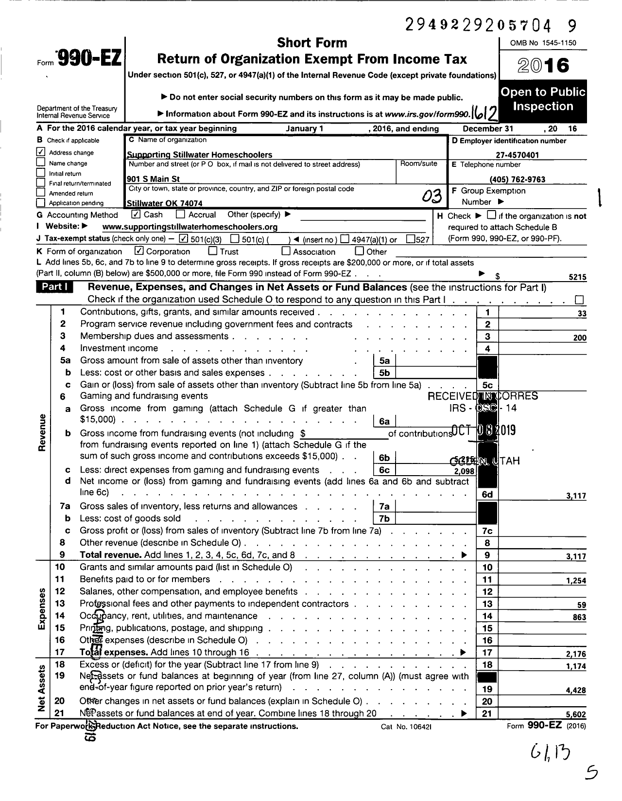 Image of first page of 2016 Form 990EZ for Supporting Stillwater Homeschoolers