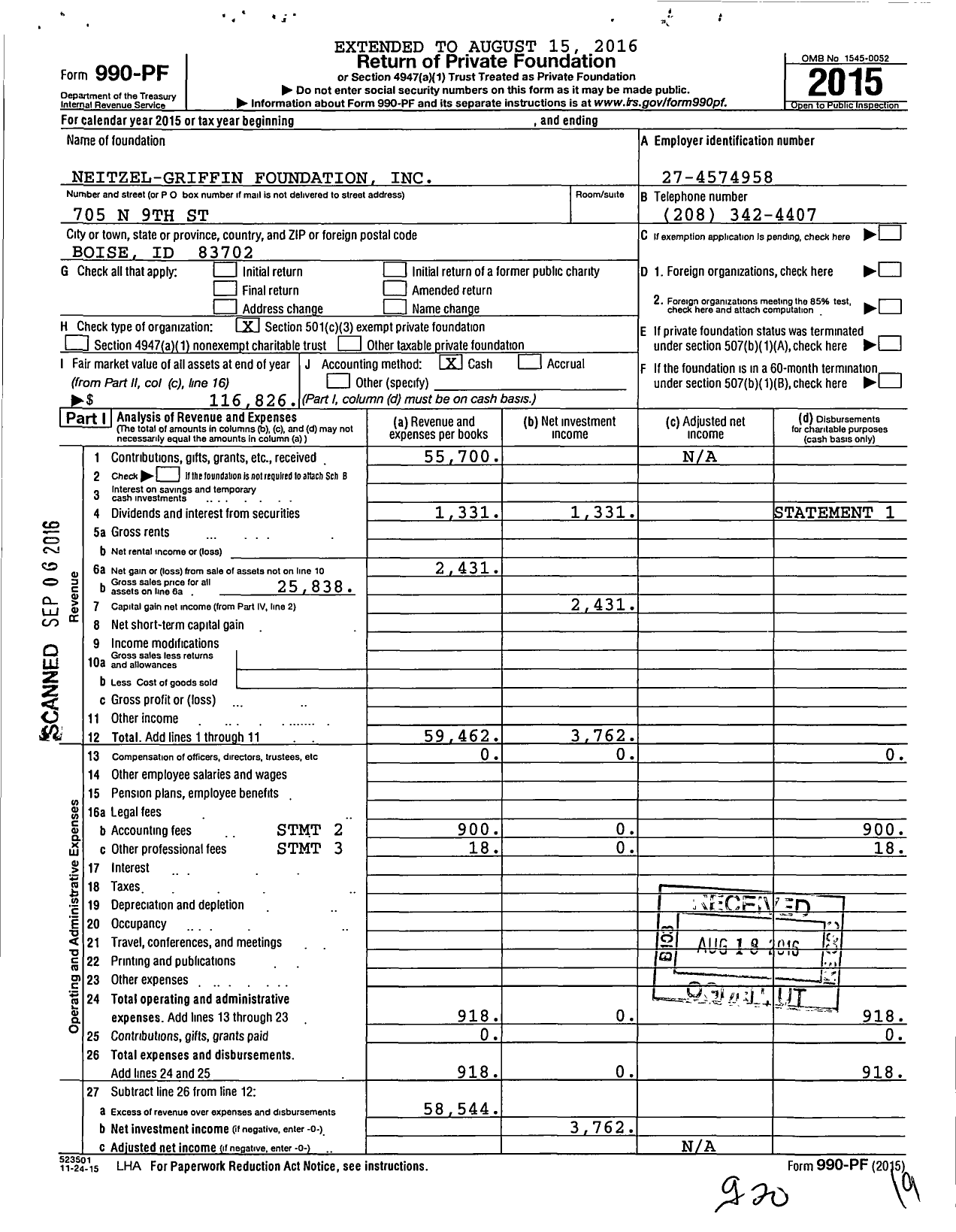 Image of first page of 2015 Form 990PF for Neitzel-Griffin Foundation
