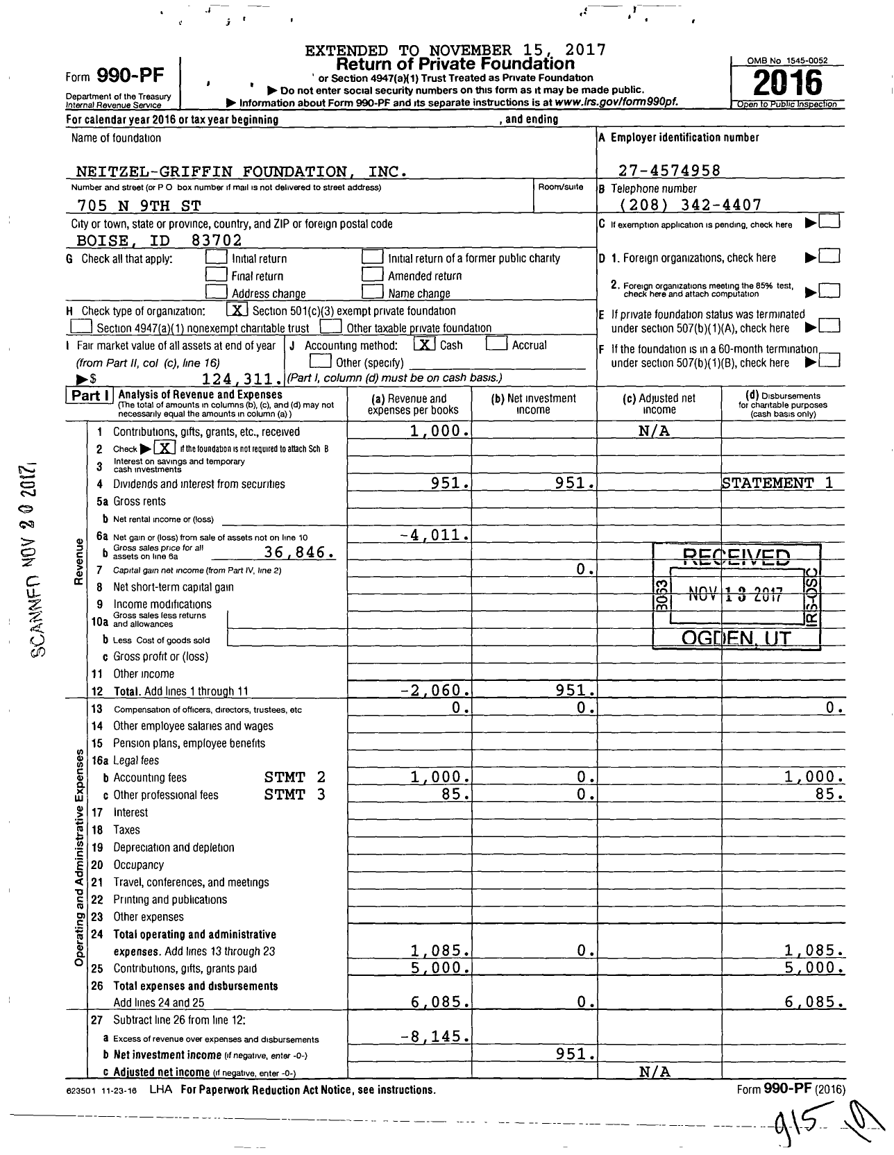Image of first page of 2016 Form 990PF for Neitzel-Griffin Foundation