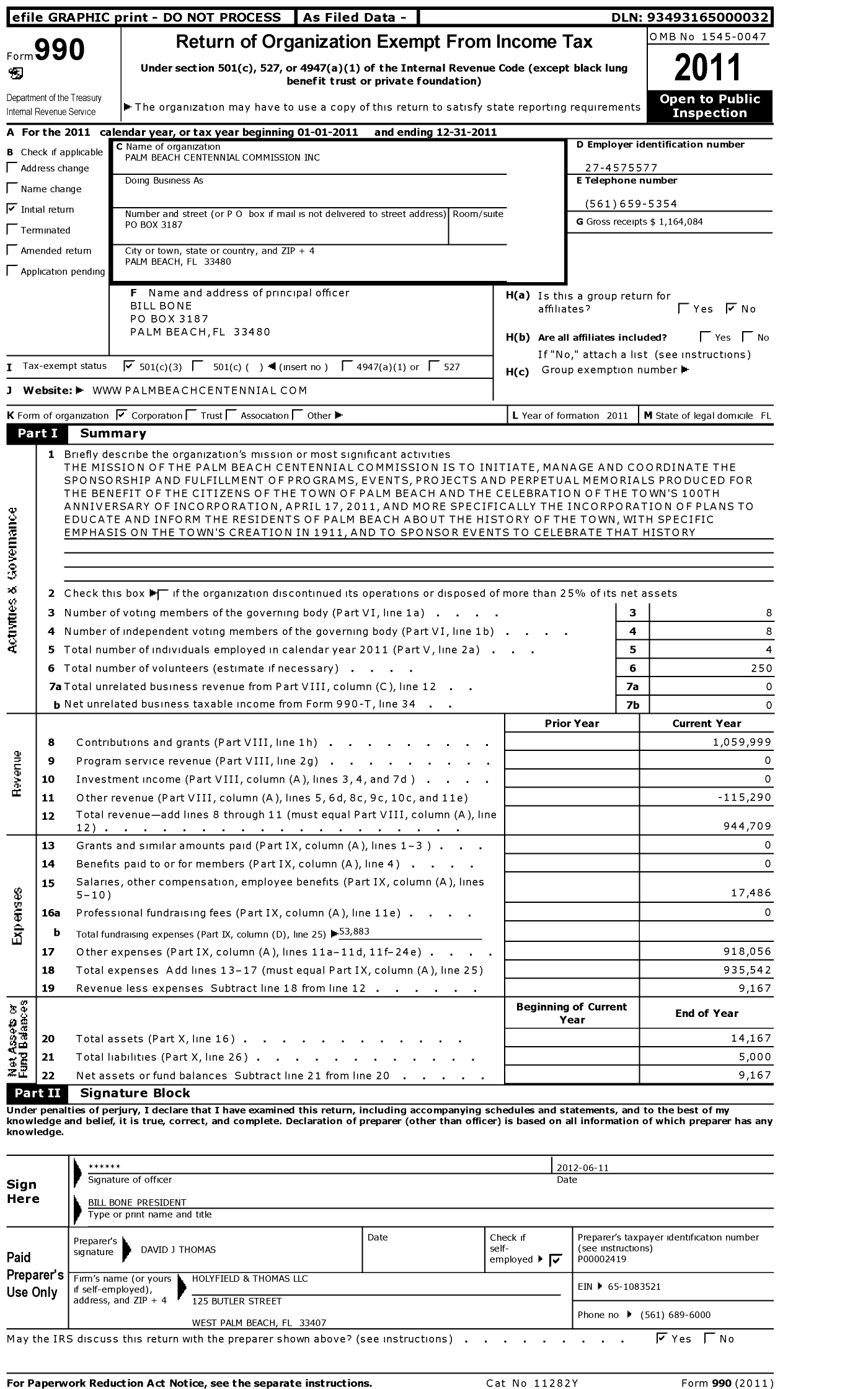 Image of first page of 2011 Form 990 for Palm Beach Centennial Commission