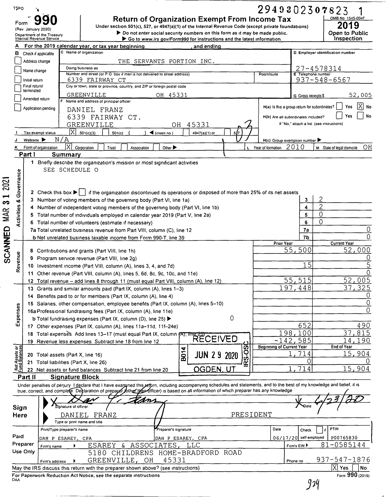 Image of first page of 2019 Form 990 for The Servants Portion