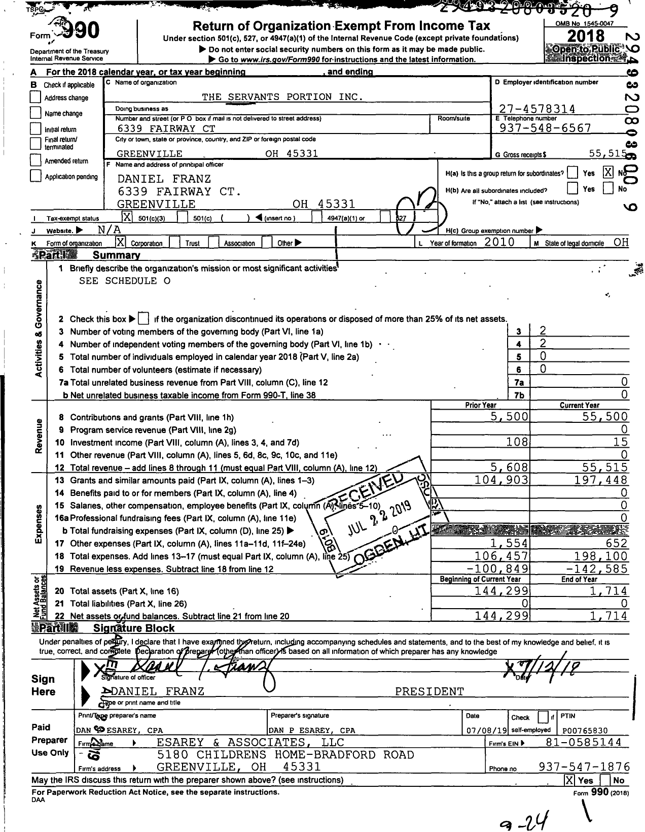 Image of first page of 2018 Form 990 for The Servants Portion