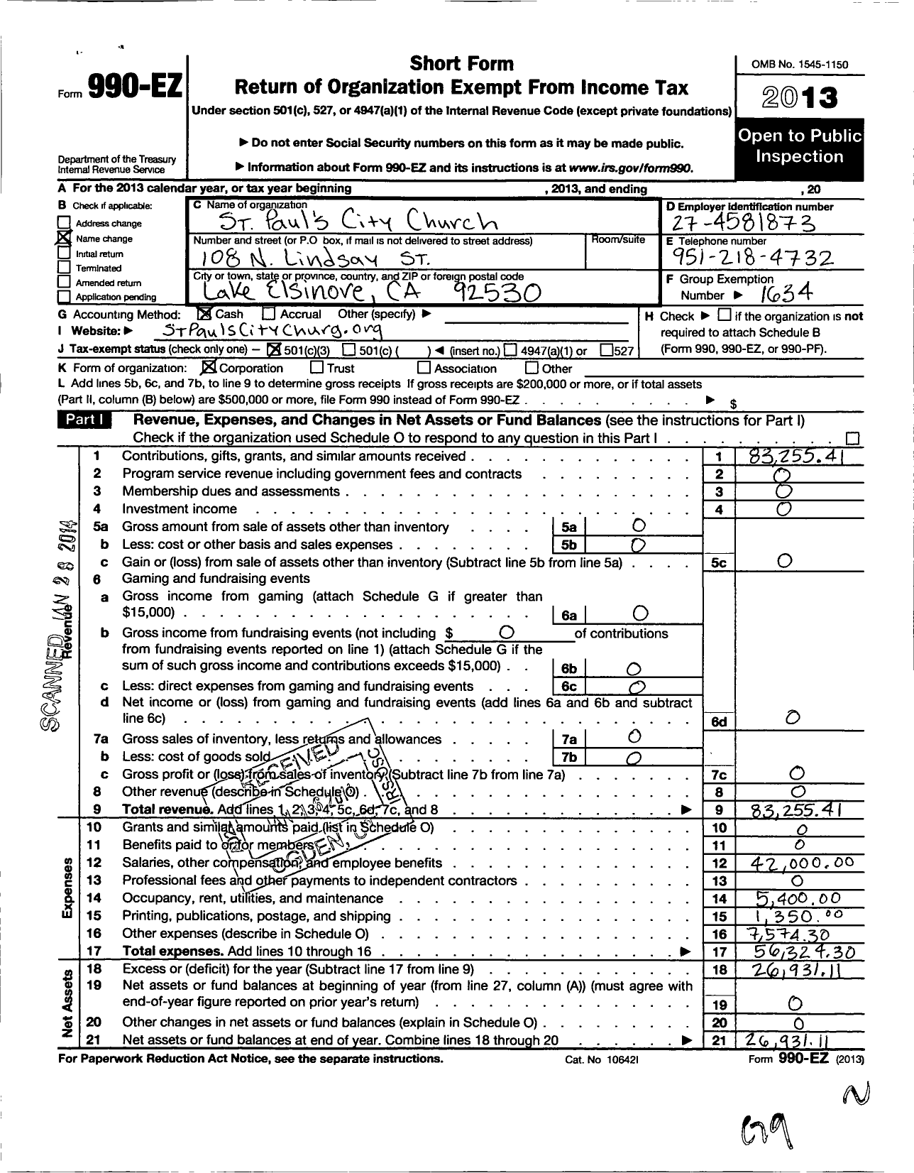 Image of first page of 2013 Form 990EZ for St Pauls City Church