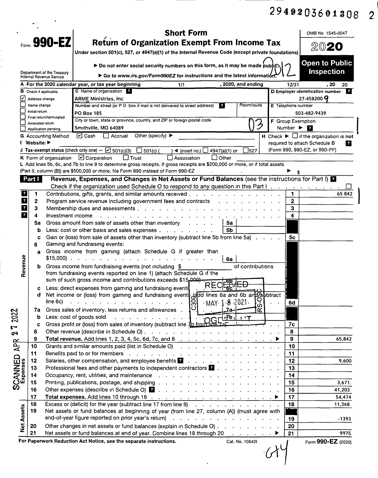 Image of first page of 2020 Form 990EZ for Arme Ministries