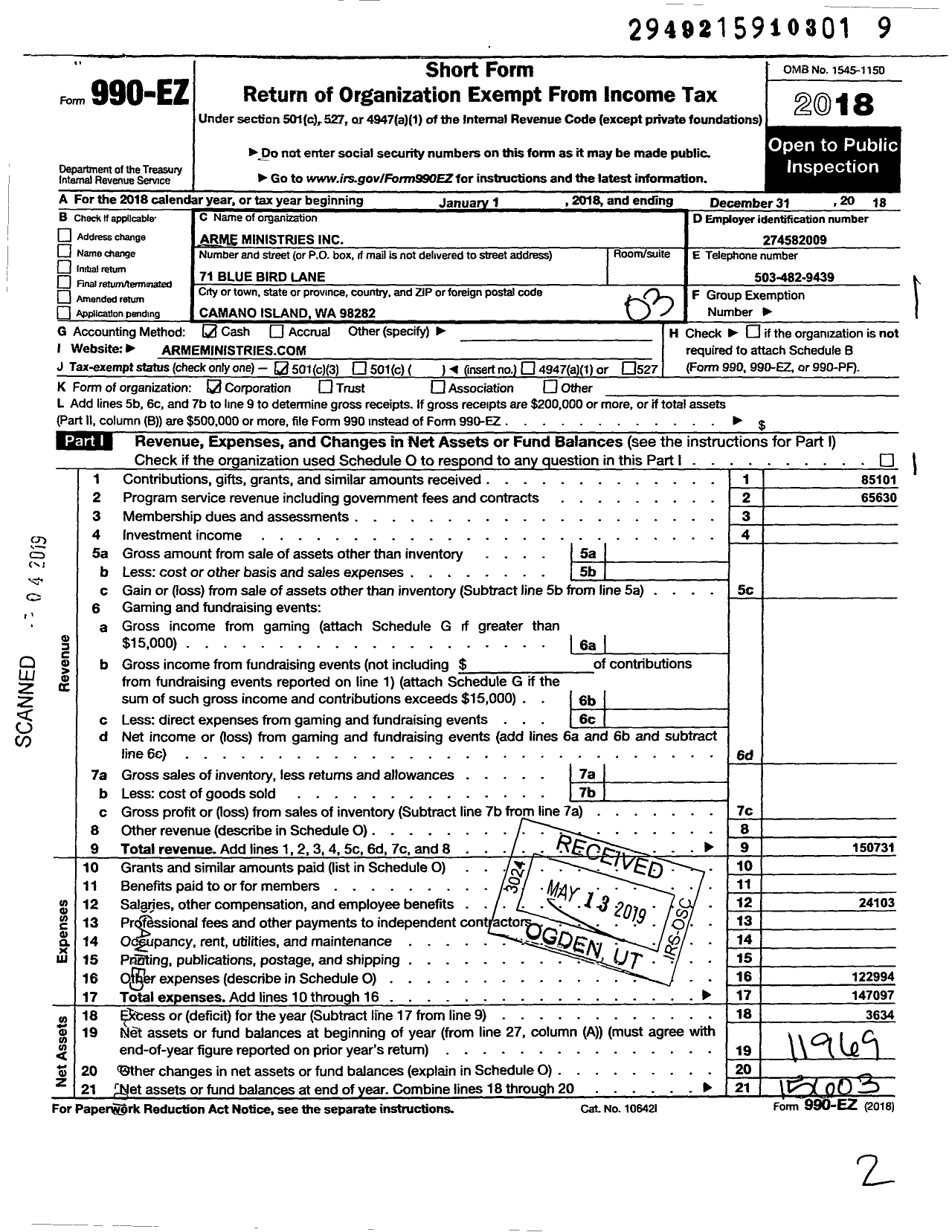 Image of first page of 2018 Form 990EZ for Arme Ministries