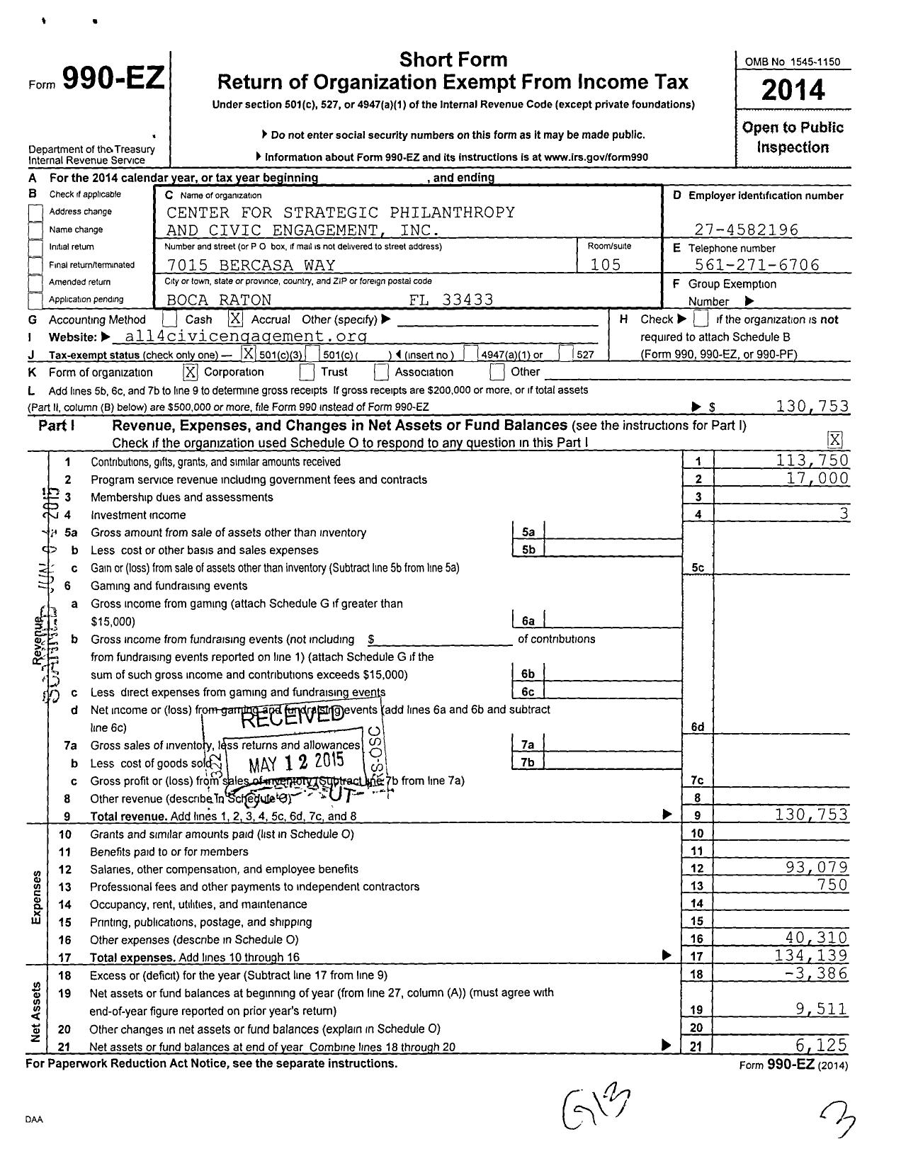 Image of first page of 2014 Form 990EZ for Center for Strategic Philanthropy and Civic Engagement