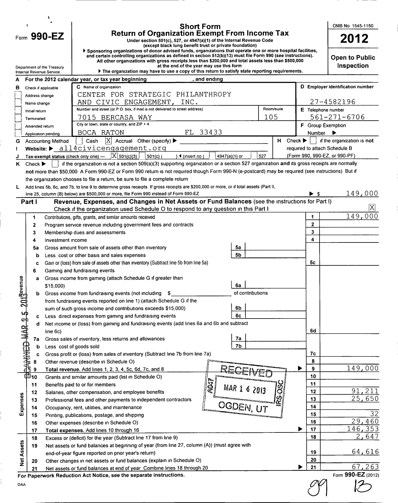 Image of first page of 2012 Form 990EZ for Center for Strategic Philanthropy and Civic Engagement