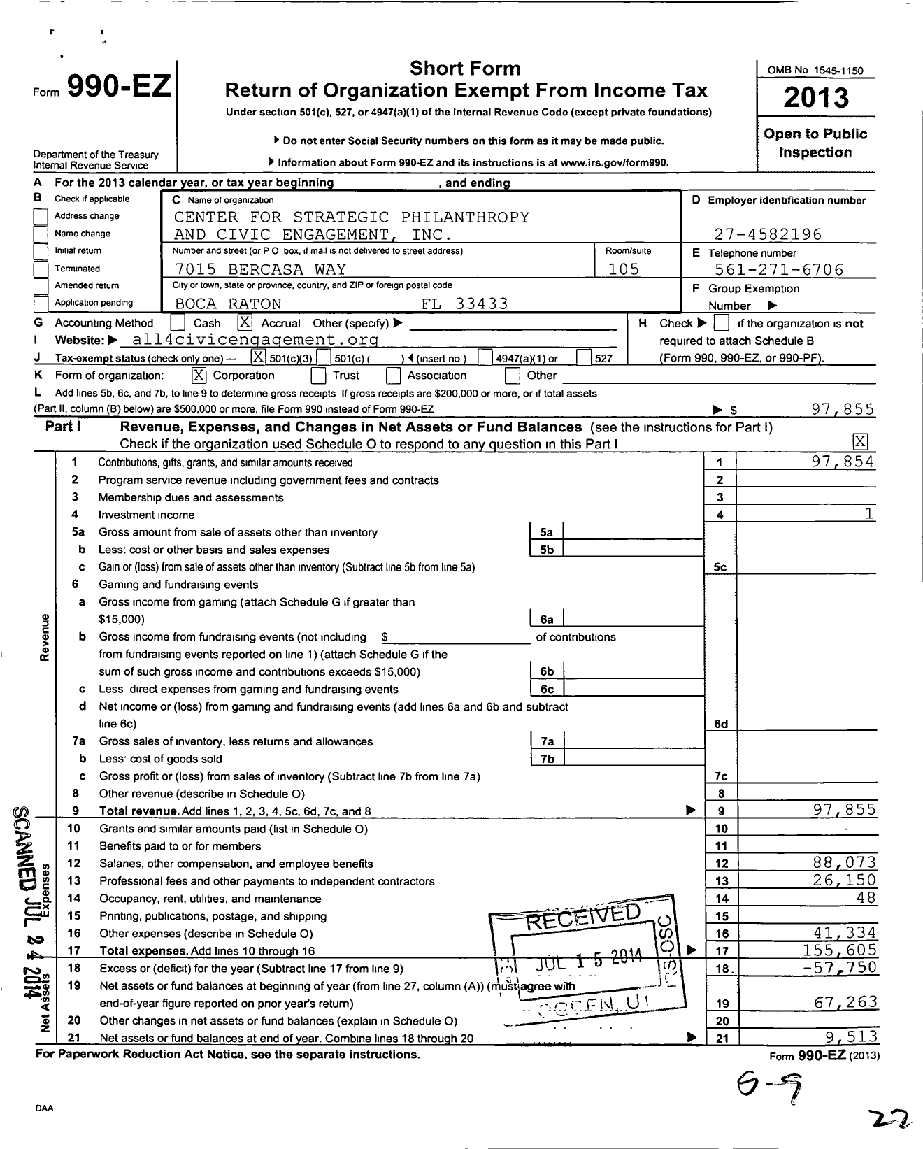 Image of first page of 2013 Form 990EZ for Center for Strategic Philanthropy and Civic Engagement