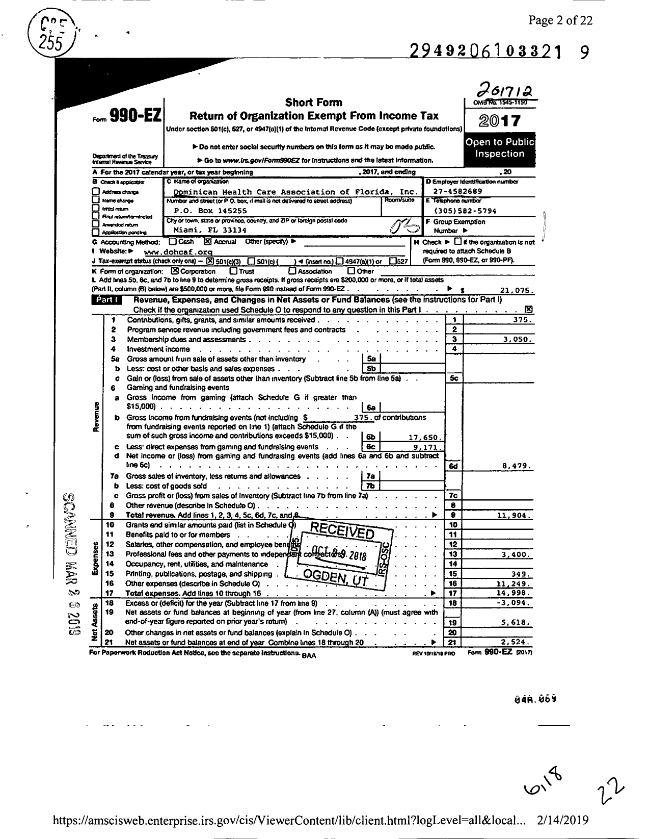 Image of first page of 2017 Form 990EZ for Dominican Health Care Association of Florida