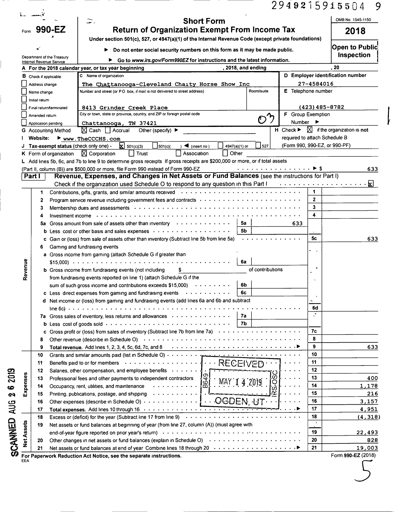 Image of first page of 2018 Form 990EZ for The Chattanooga-Cleveland Charity Horse Show