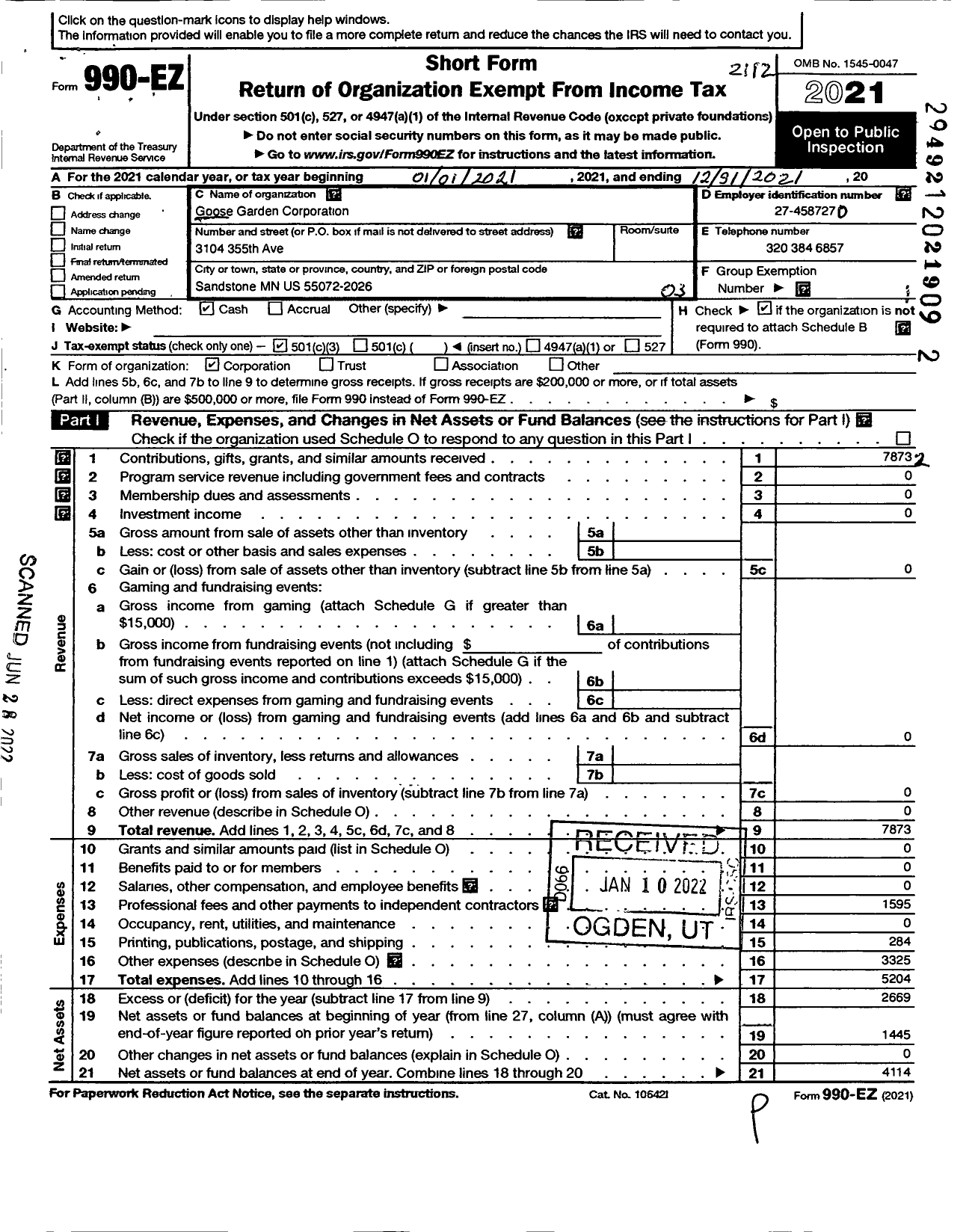 Image of first page of 2021 Form 990EZ for Goose Garden Corporation