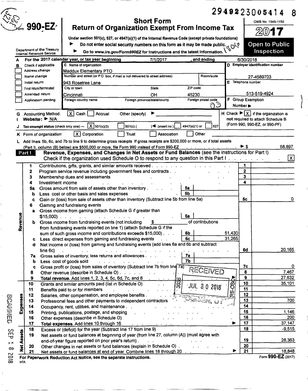 Image of first page of 2017 Form 990EZ for Maddux Elementary PTO