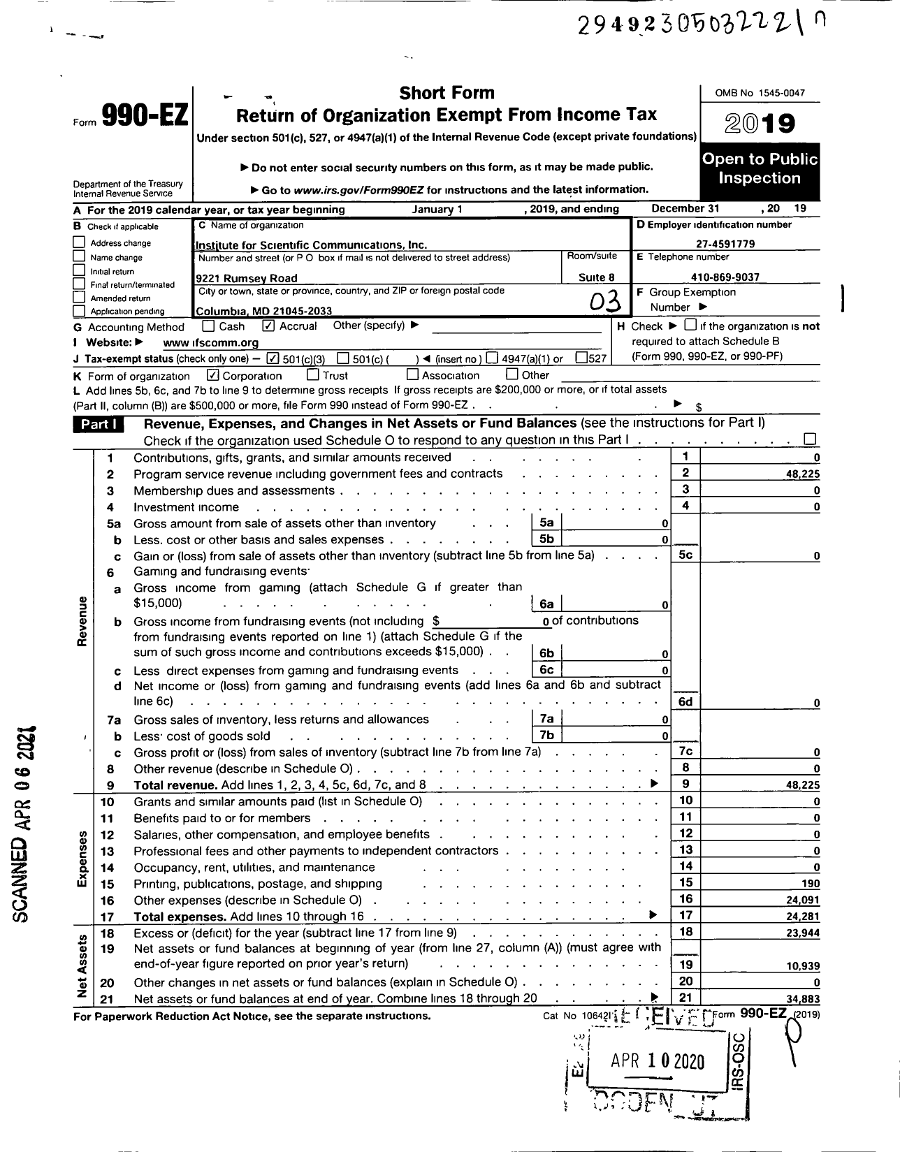 Image of first page of 2019 Form 990EZ for Institute for Scientific Communications (ISC)