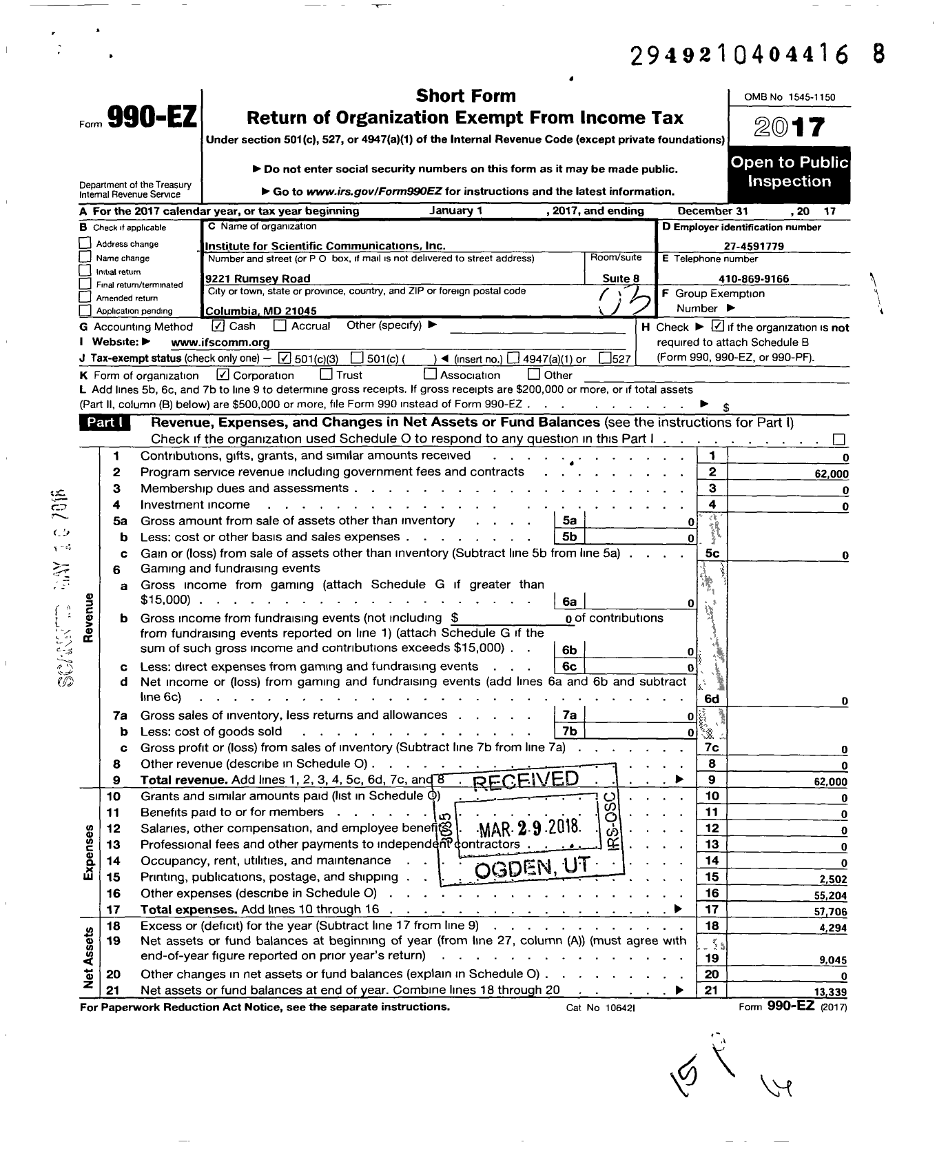 Image of first page of 2017 Form 990EZ for Institute for Scientific Communications (ISC)