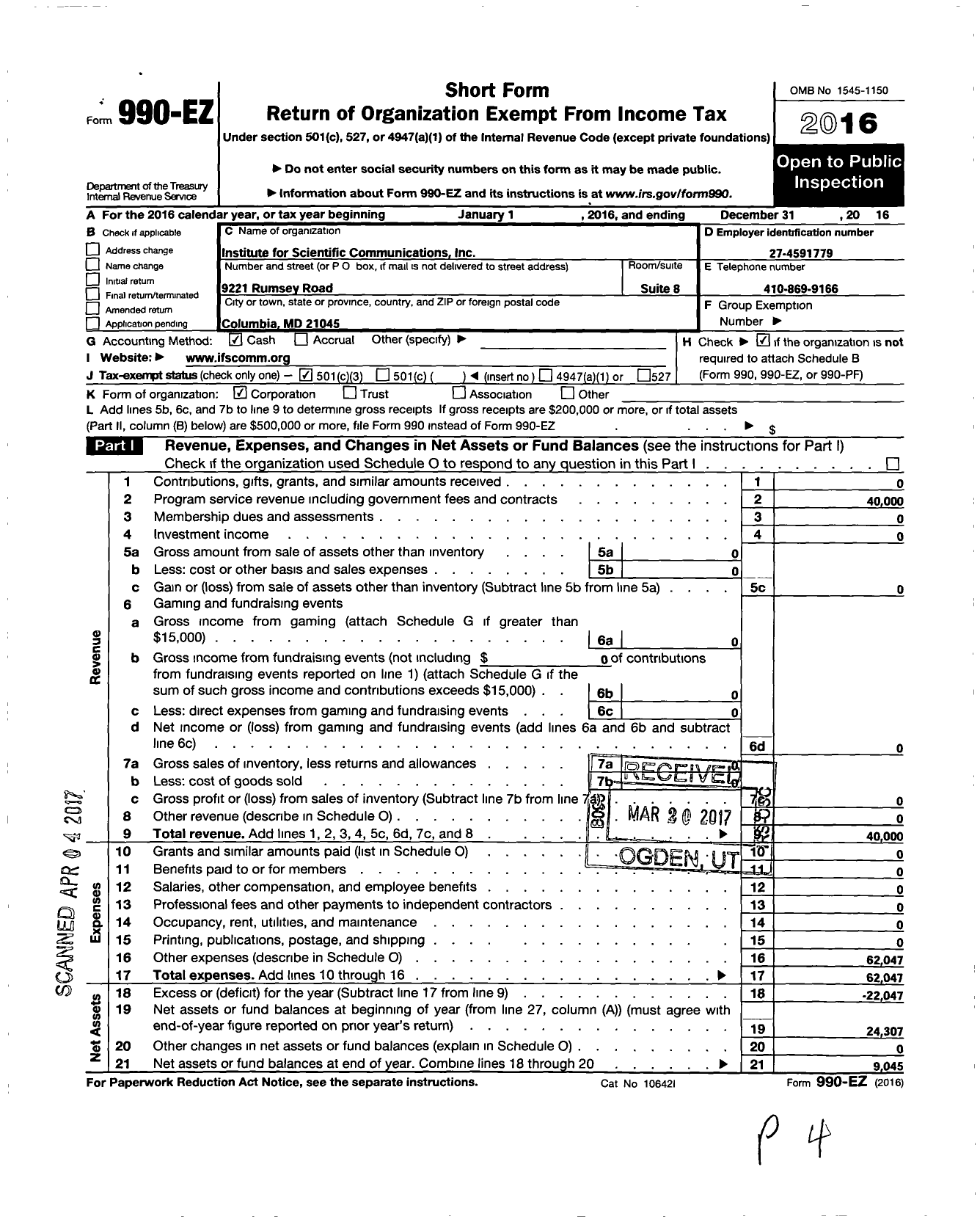 Image of first page of 2016 Form 990EZ for Institute for Scientific Communications (ISC)