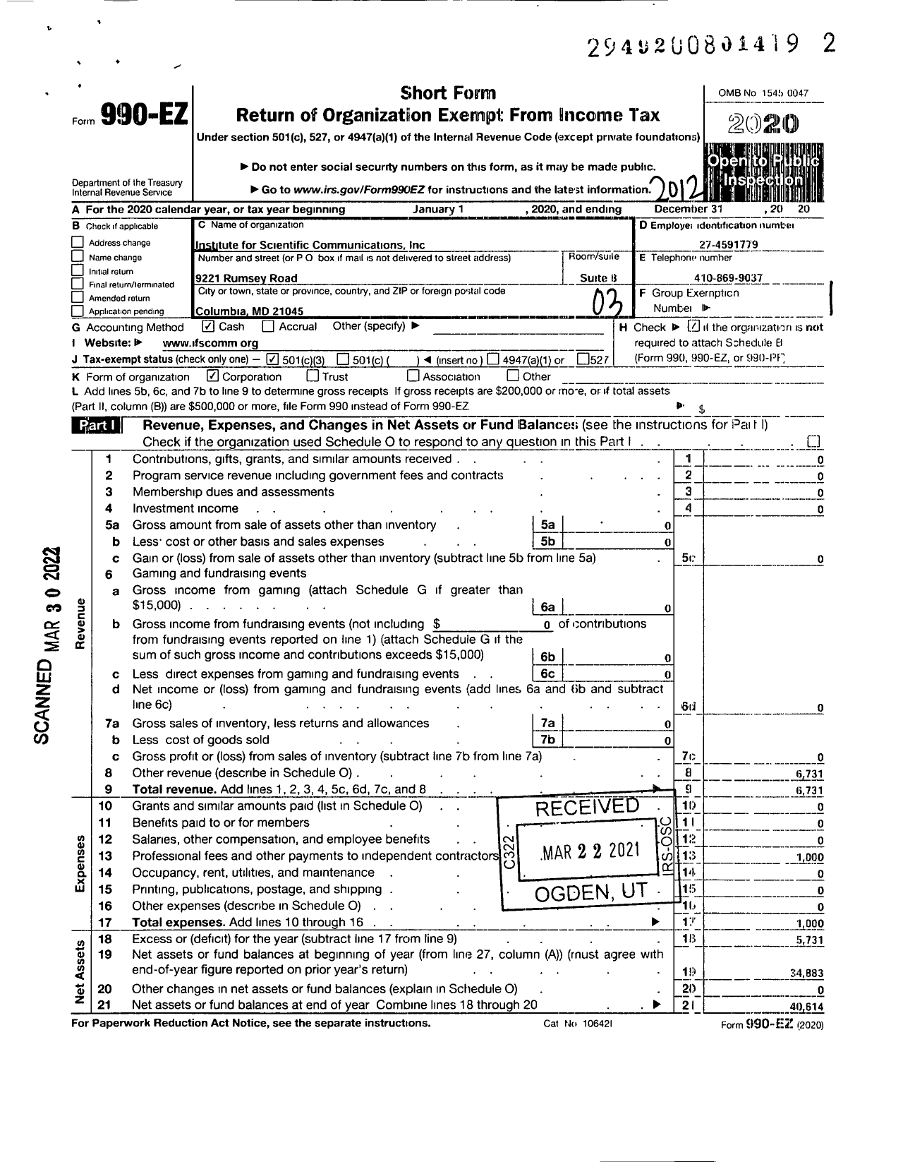 Image of first page of 2020 Form 990EZ for Institute for Scientific Communications (ISC)