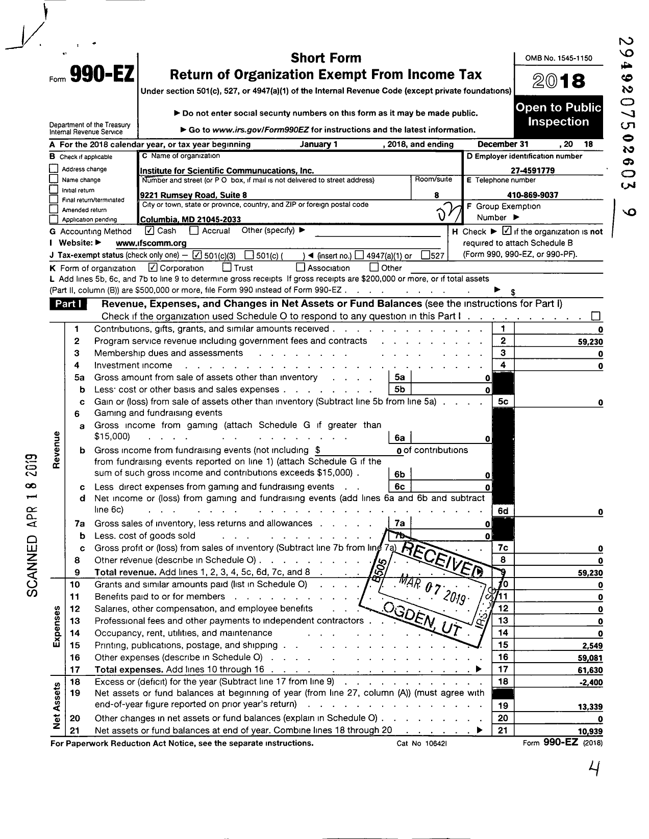 Image of first page of 2018 Form 990EZ for Institute for Scientific Communications (ISC)