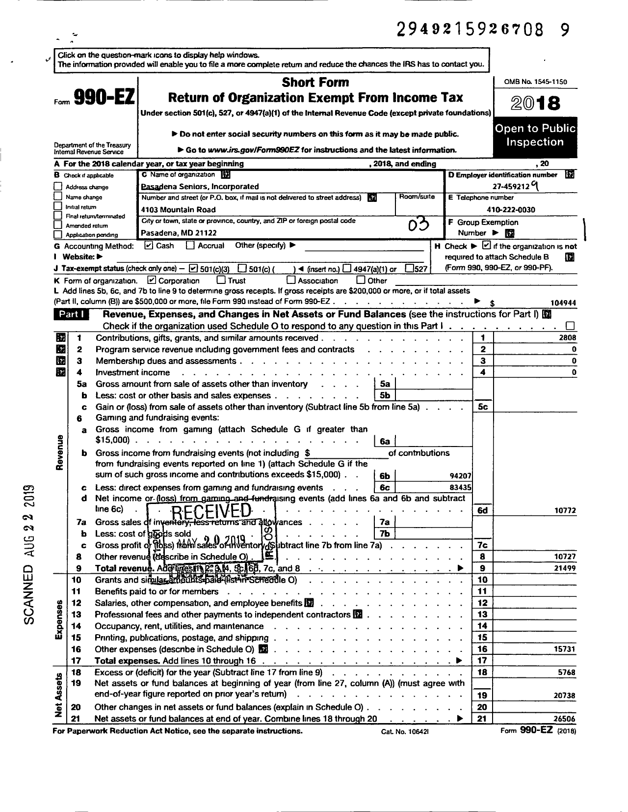 Image of first page of 2018 Form 990EZ for Pasadena Seniors Incorporated