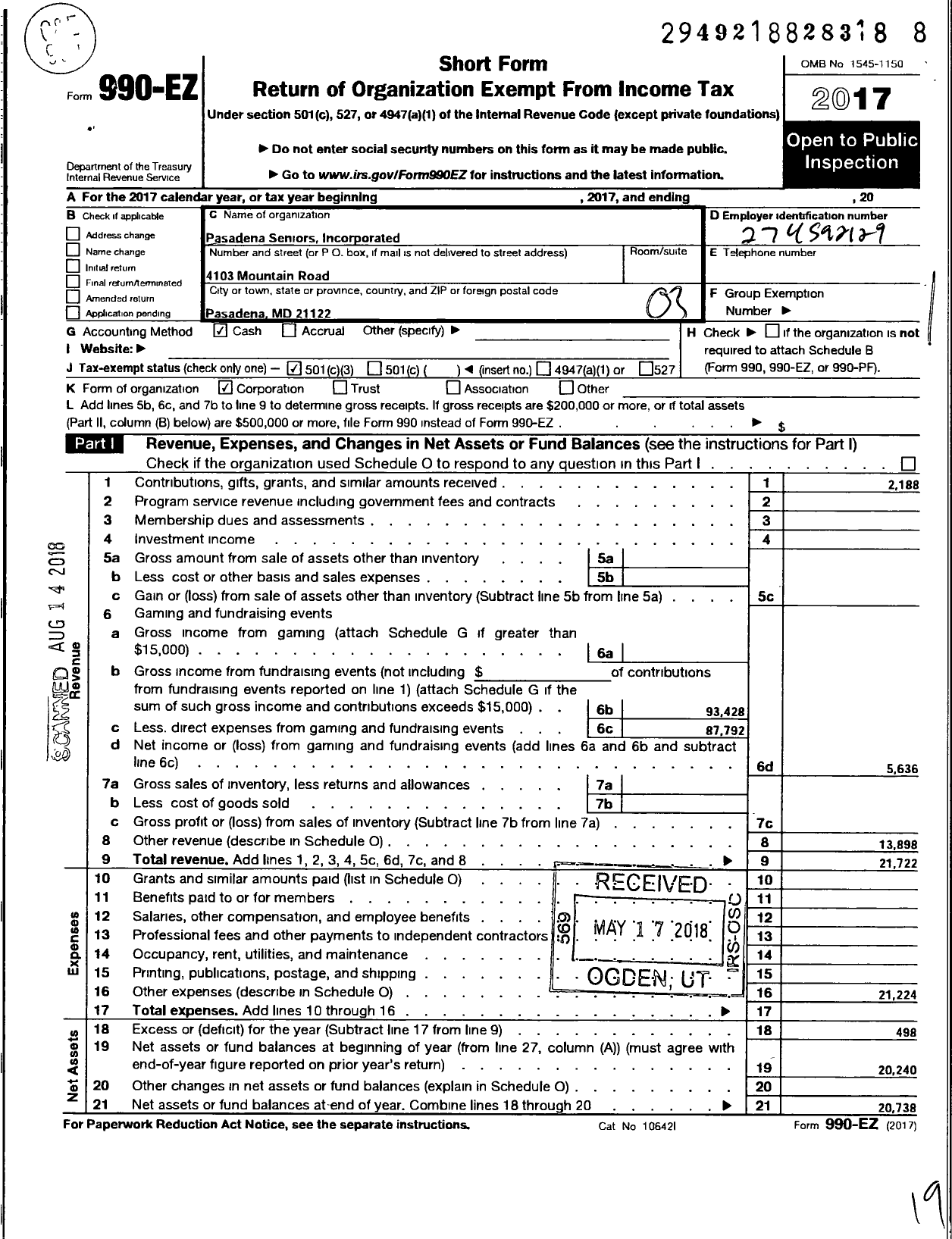 Image of first page of 2017 Form 990EZ for Pasadena Seniors Incorporated