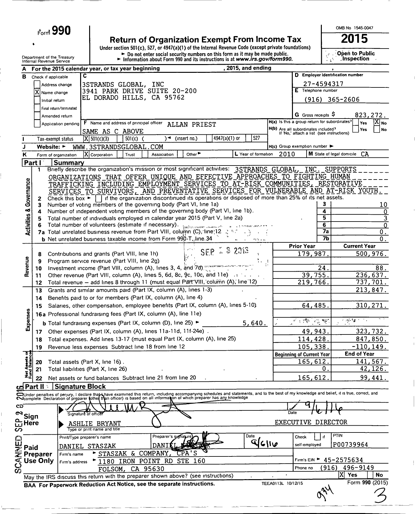 Image of first page of 2015 Form 990 for 3Strands Global Foundation